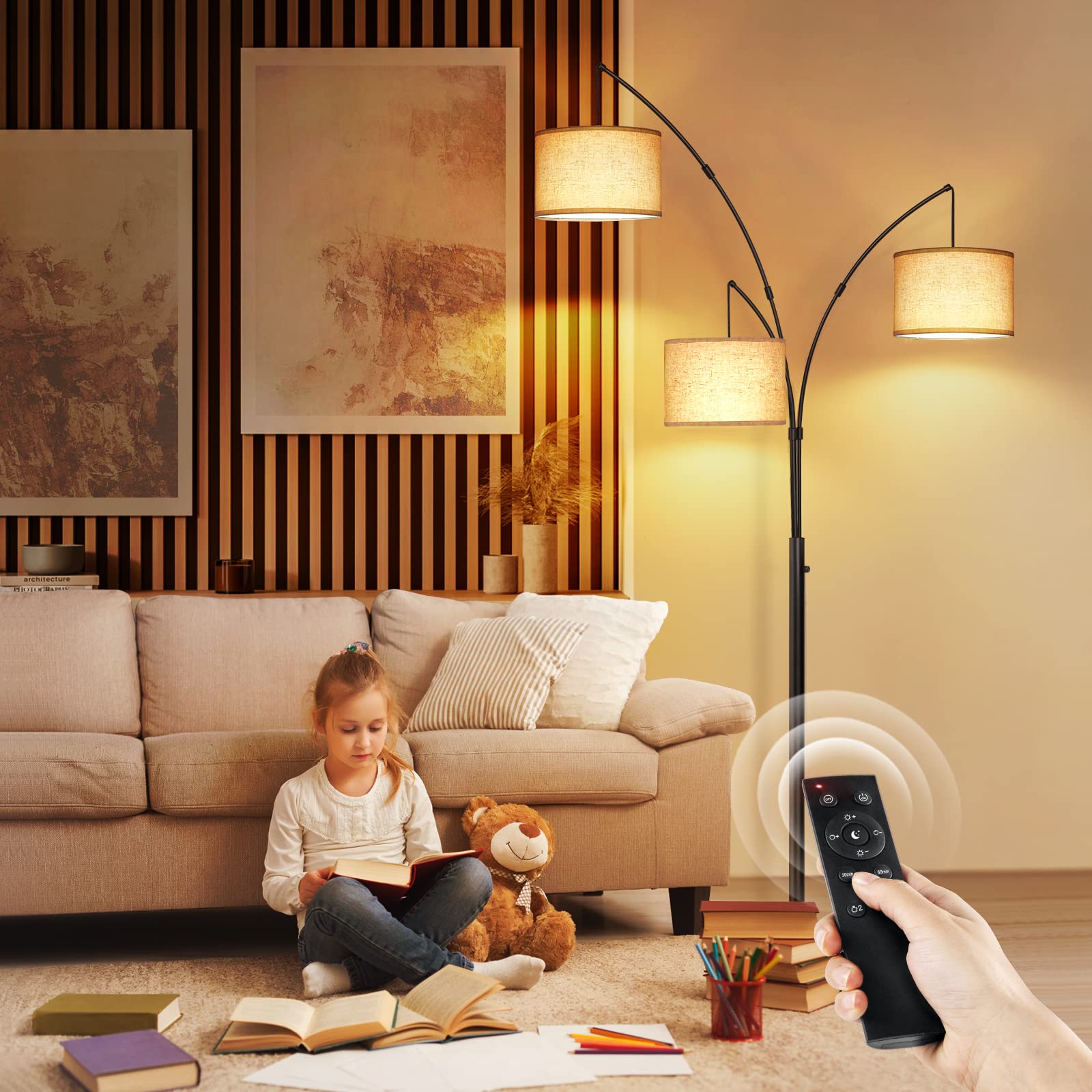 Arc Led Floor Lamp, Modern Black 3 Light Arched Tall Floor Lamp for Bedroom, 2400lm Mid Century Adjustable Standing Corner Lamps for Living Room Office, 3 LED Bulbs Included, Beige Lampshade