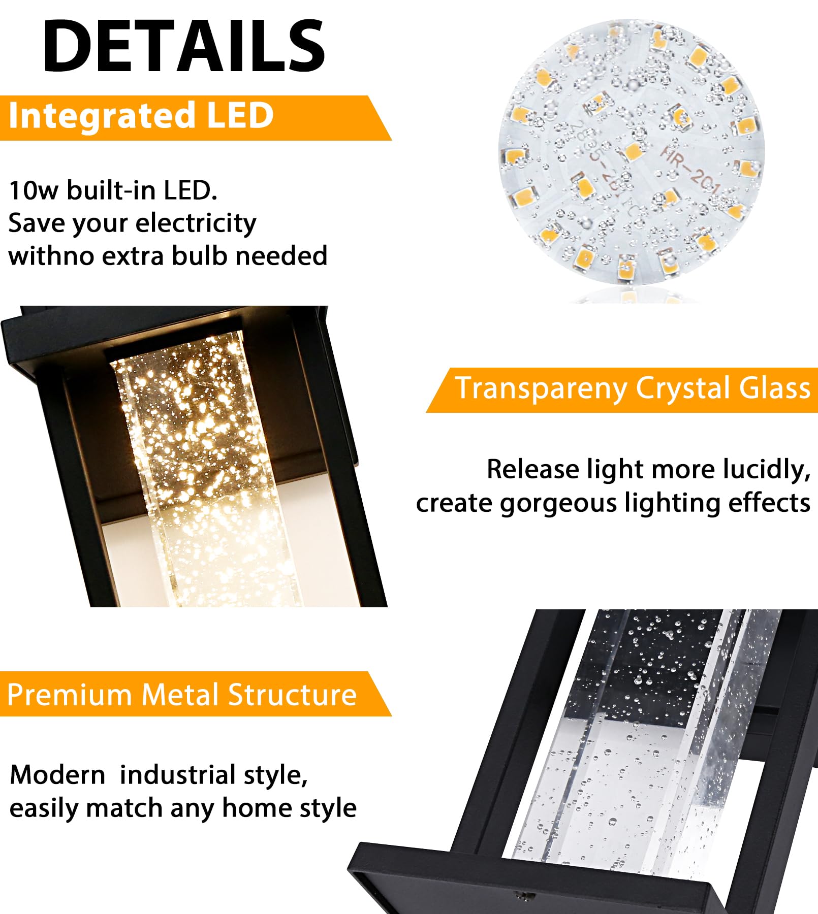 Modern Outdoor Wall Light Fixture,Dusk to Dawn Wall Mount for House with Bubble Crystal Glass,Black Front Porch Lights Waterproof 10W 480LM Integrated Sconce,3000K for House Patio