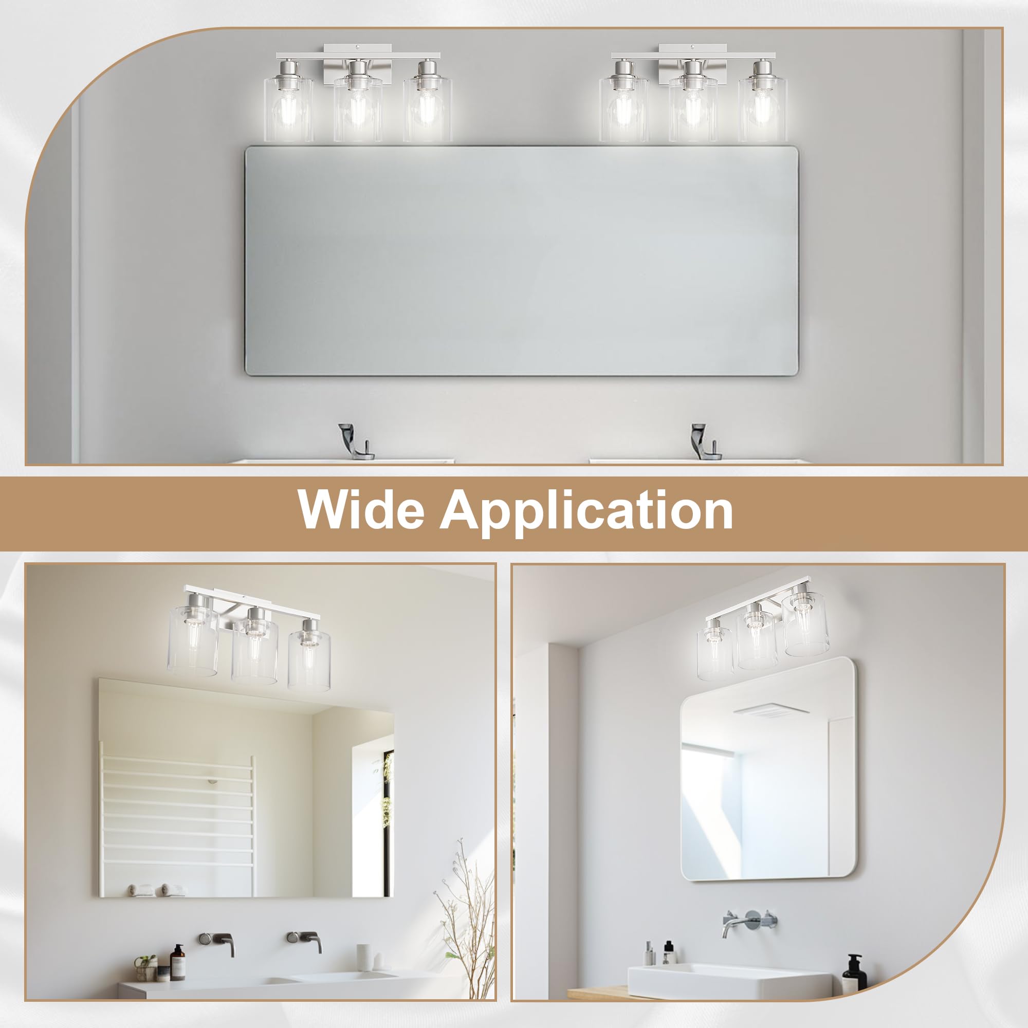 Bathroom Lighting Fixtures Over Mirror Brushed Nickel, Rustproof 3-Light Vanity Lights for Bathroom, 18Inches Modern Wall Sconces E26 Base, Transparent Clear Glass Shades, Bulbs Not Included