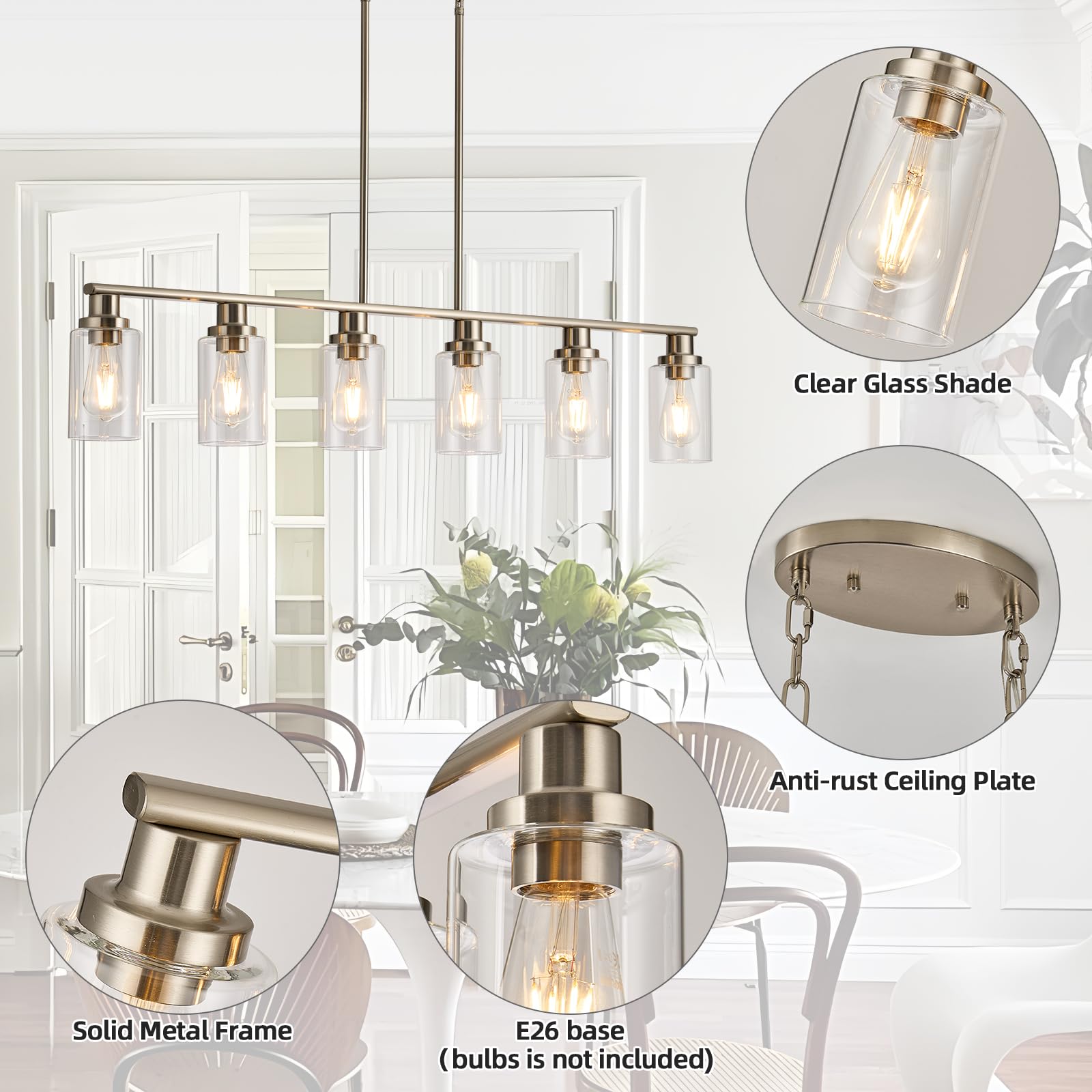 Kitchen Island Lighting, 4-Light Dining Room Light Fixtures Over Table, Gold Linear Chandelier for Dining Room Hanging,Pendant Lights Kitchen Island,with Clear Glass Shade,Height Adjustable