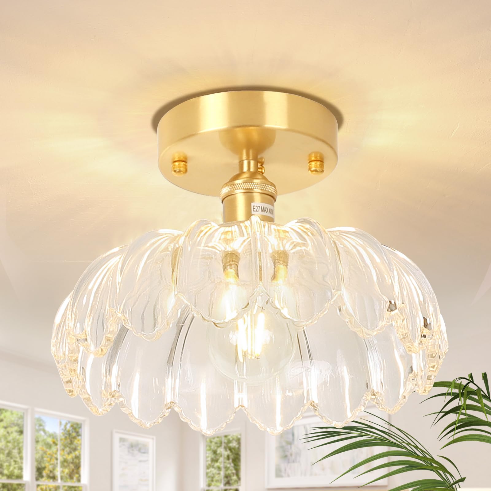 Semi Flush Mount Ceiling Light, Gold Hallway Vintage Lights Fixture Ceiling with Amber Peony Glass, Bulb Included, 4.72" Base Modern Ceiling Light Fixtures for Kitchen Bedroom