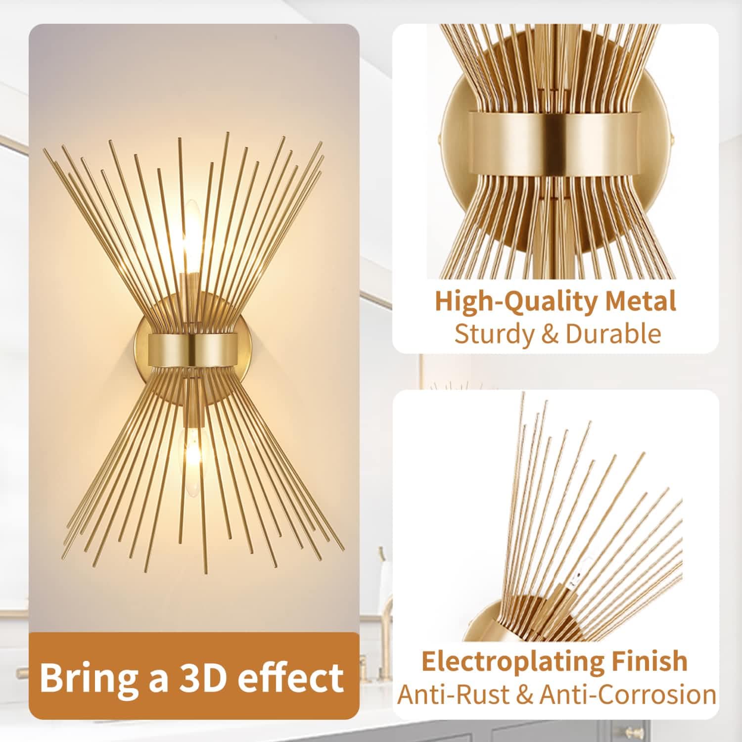 2 Pack Gold Wall Sconce, Starburst Wall Sconces Set of Two Over Mirror, Mid Century Modern Light Gold Brass Bathroom Light Fixtures for Living Room, Bedroom