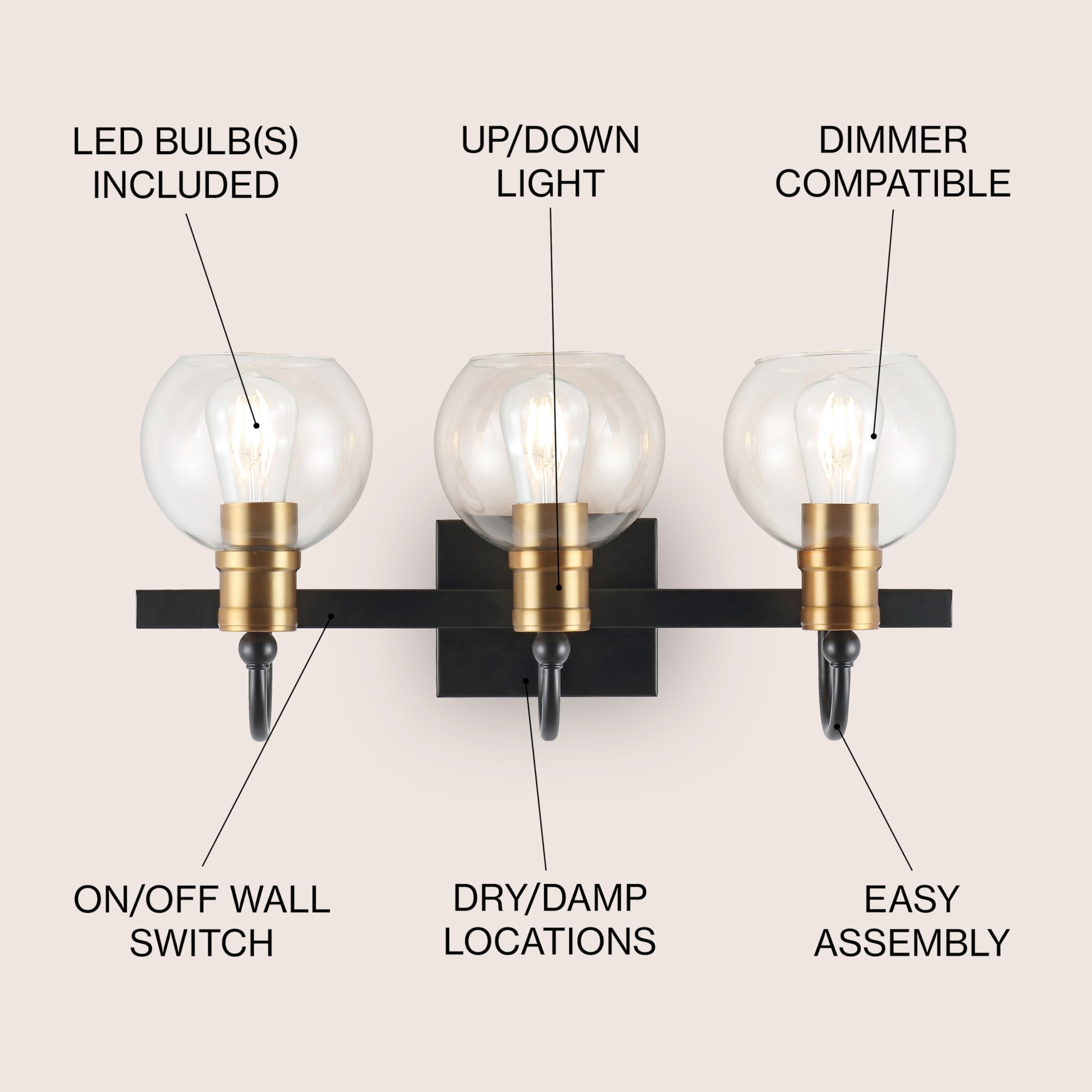 5.88" 1-Light Iron/Glass Rustic Vintage LED Vanity Light Industrial Bohemian 2700K LED 4W Bulb Entryway Lobby Kitchen Bathroom Bedroom Living Room Hallway, Black/Brass Gold