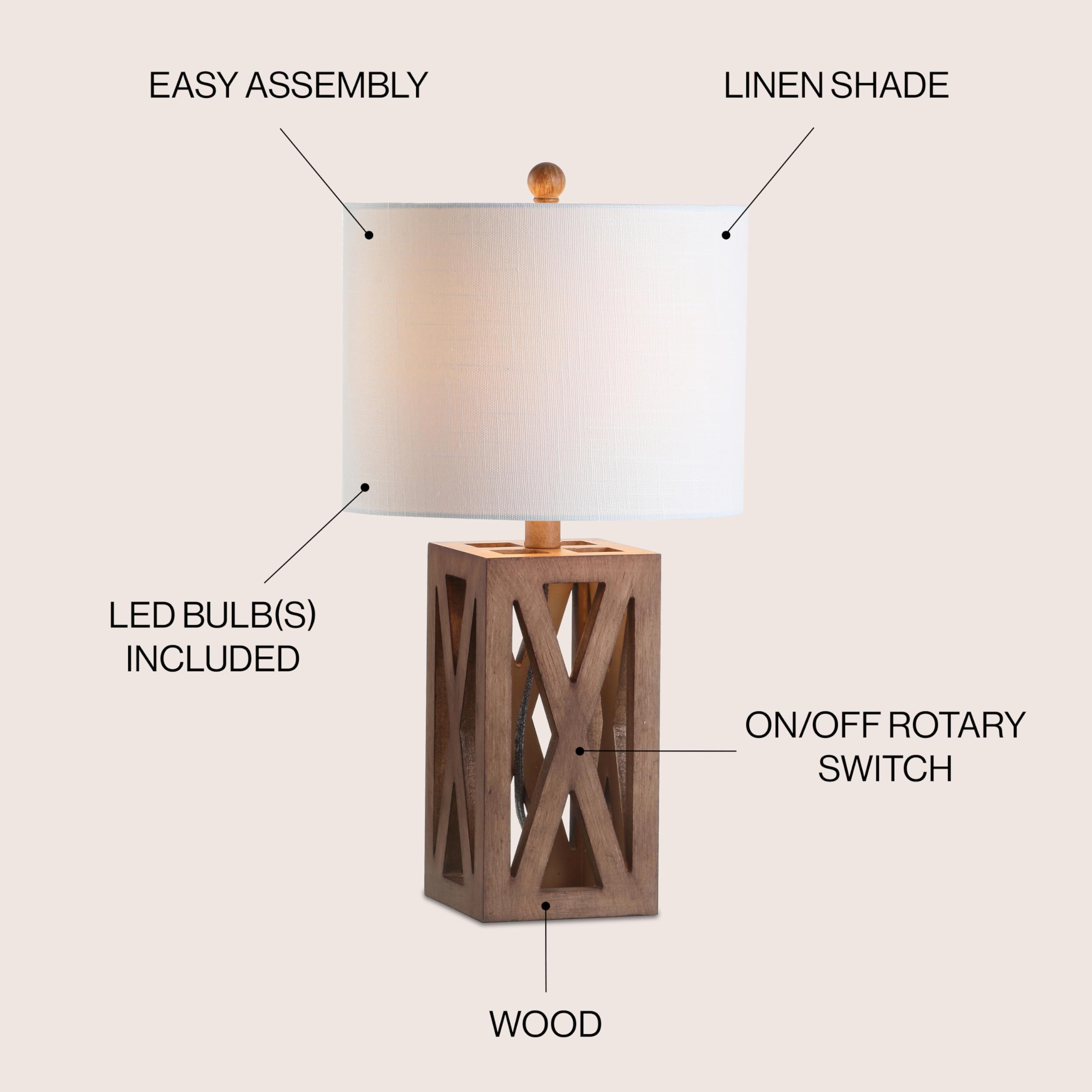 21.5" Wood LED Table Lamp Industrial French Country Rustic Bedside Desk Nightstand Lamp for Bedroom Living Room Office College Bookcase LED Bulb Included, Brown