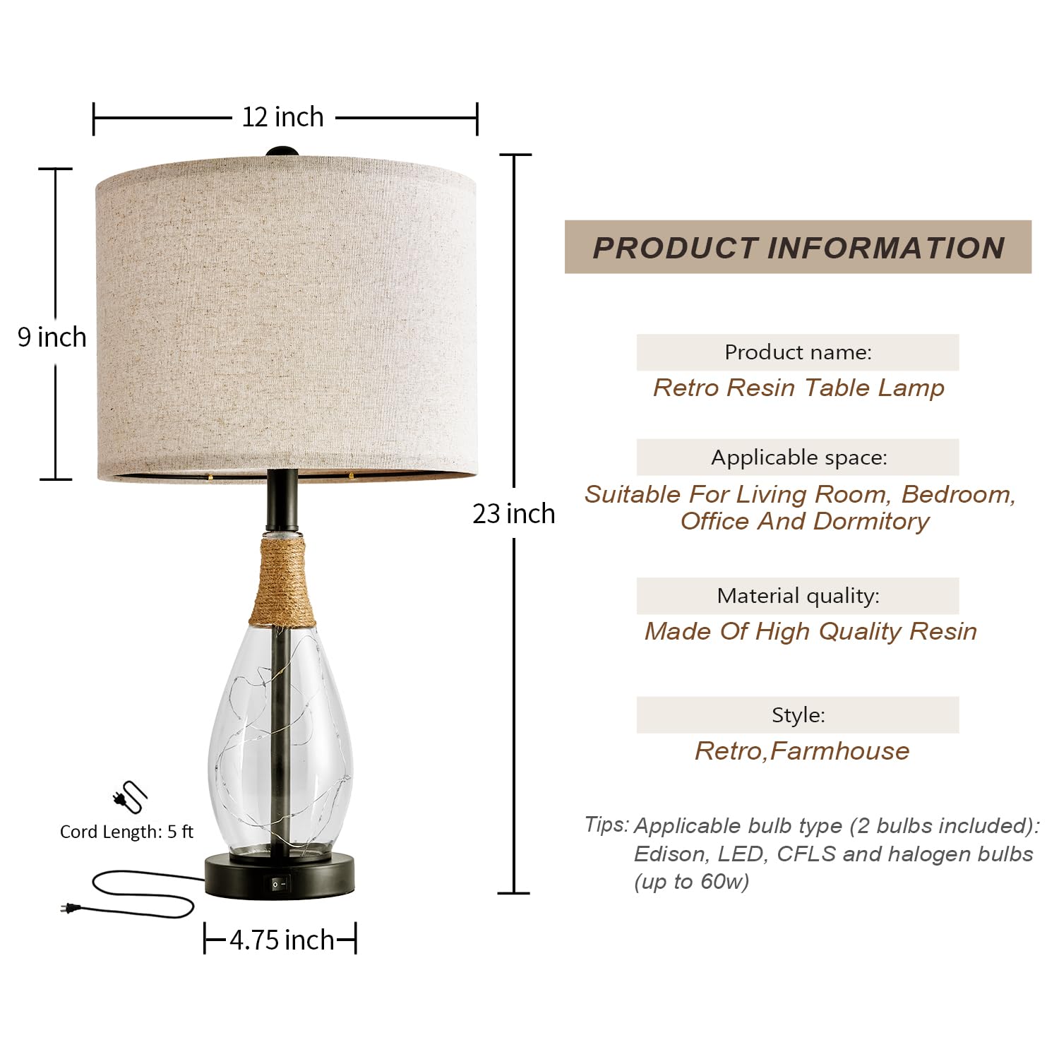 23" Table Lamps for Living Room Set of 2 Bedside Lamps for Night Stands Bedroom Lamps Farmhouse Rattan Boho Lamp Glass Nightlight End Table Lamp with USB C+A (White)