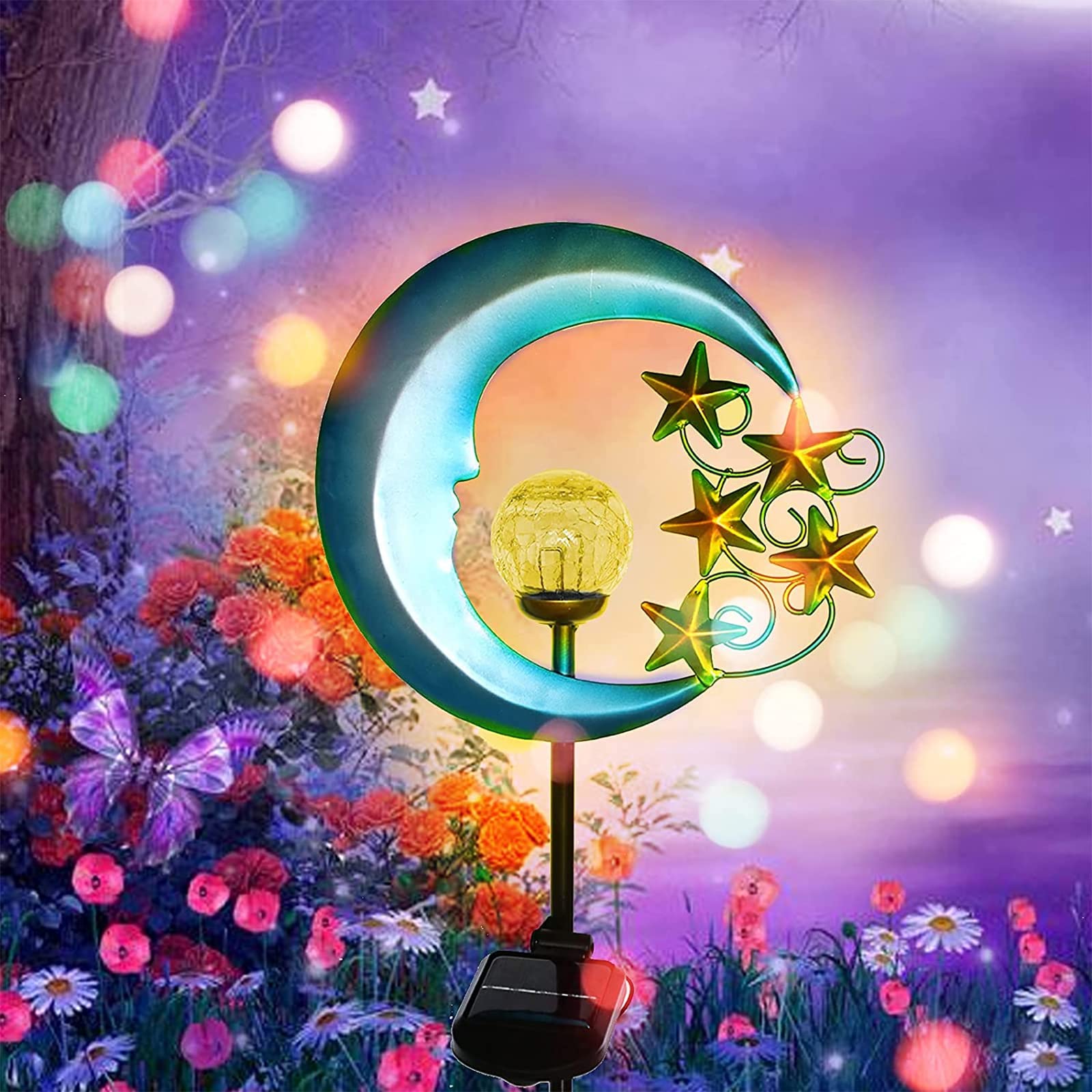 Solar Outdoor Garden Lights - Solar Powered Pathway Lights Outdoor Decorative Lights Waterproof Crackle Glass Globe Led Landscape Lighting for Pathway,Yard,Lawn,Patio Stars Moon