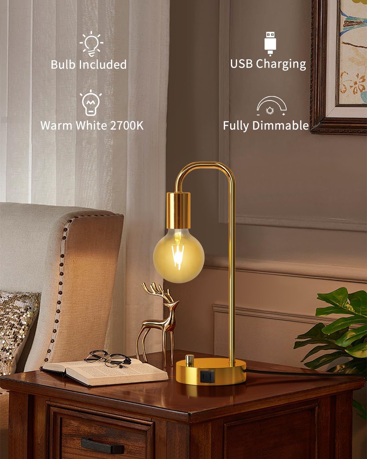 Industrial Table Lamp for Bedroom, Fully Dimmable Modern Bedside Lamps with 2700K Warm Light Bulb for Kids Reading, Minimalist Nightstand Lamps for Living Room, Office (Bulb Included)