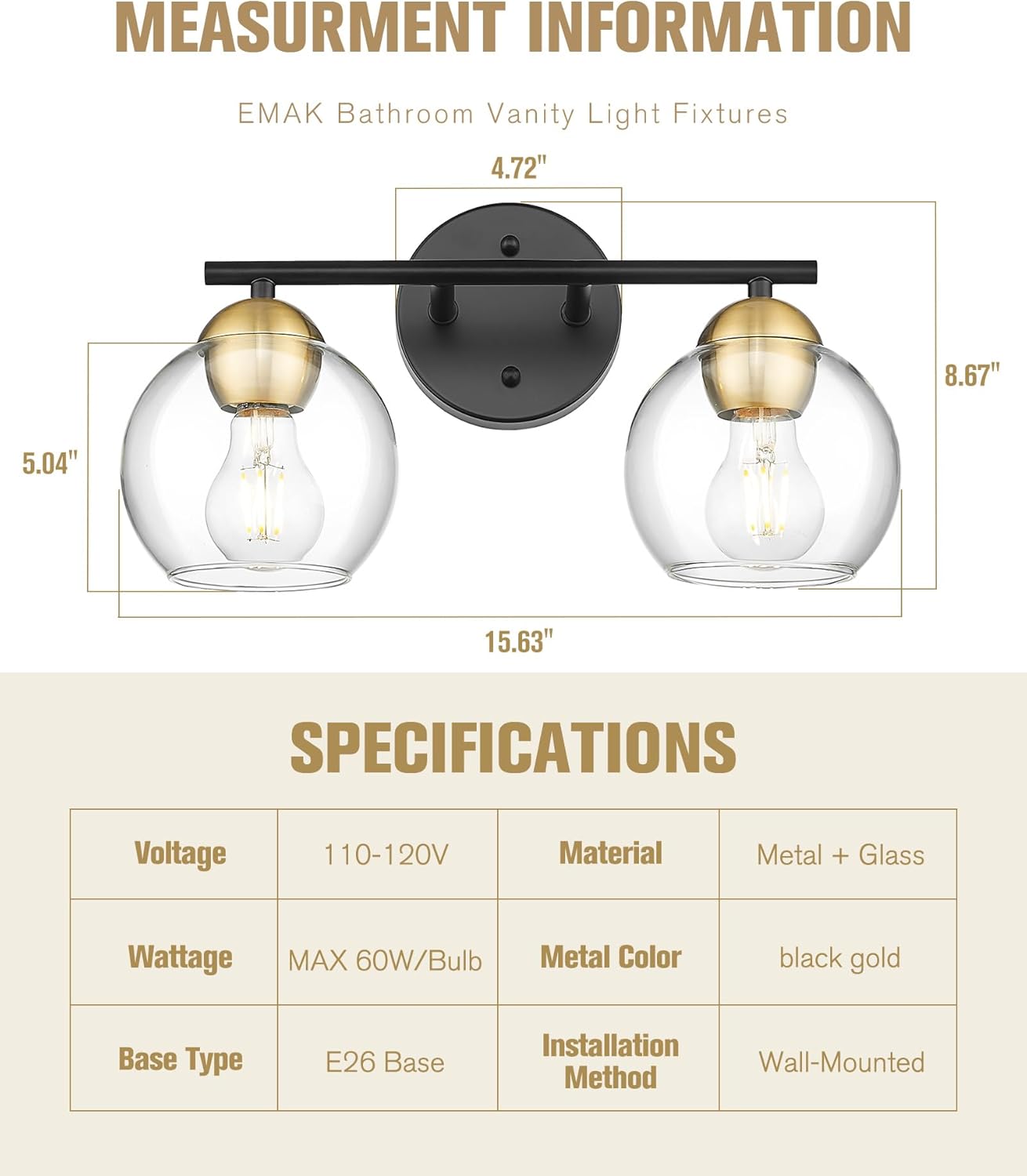 Black Vanity Lights for Mirror, Modern Farmhouse 2-Light Bathroom Light Fixtures Globe Bathroom Vanity Light with Milk Glass Shade, VL114-BK-ML-2