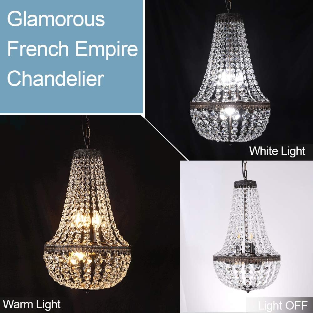 6 Lights French Empire Crystal Chandelier, 13 Inch Farmhouse Pendant Chandeliers Lighting, Adjustable Antique Bronze Ceiling Light Fixture for Dining Room Bedroom Foyer Living Room