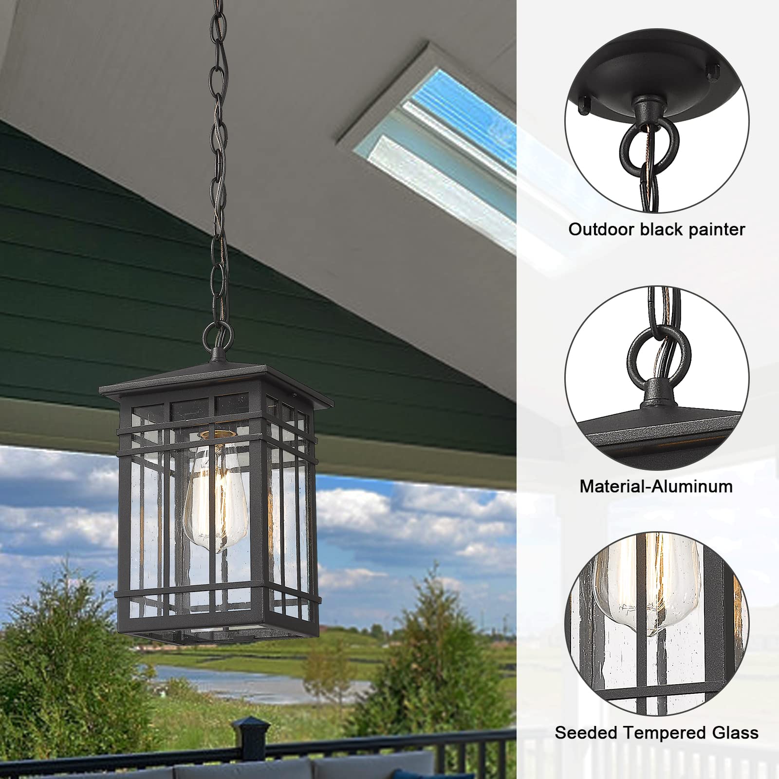 Outdoor Pendant Lighting, Exterior Pendant Lantern, Farmhouse Porch Hanging Lantern Lights with Seeded Glass in Black Finish, Outdoor Pendant Lamp for Front Porch, Entryway, Patio, Gazebo