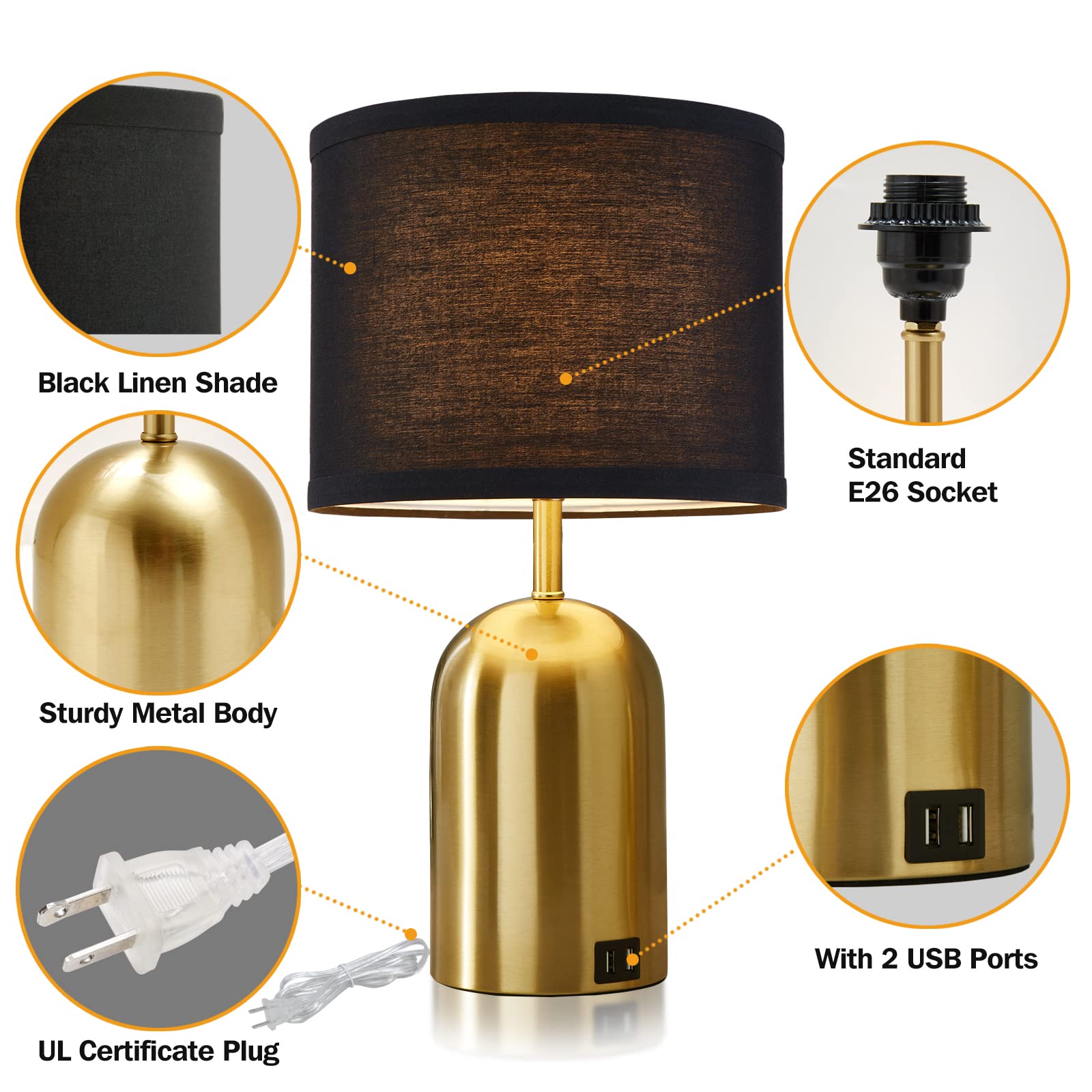 Touch Control Table Lamps Set of 2, Bedside Table Lamps for Bedrooms Set of 2 Modern Living Room 3 Way Dimmable Gold Bedside Lamp for End Table with 2 USB Charging Ports, 2 Bulbs Included