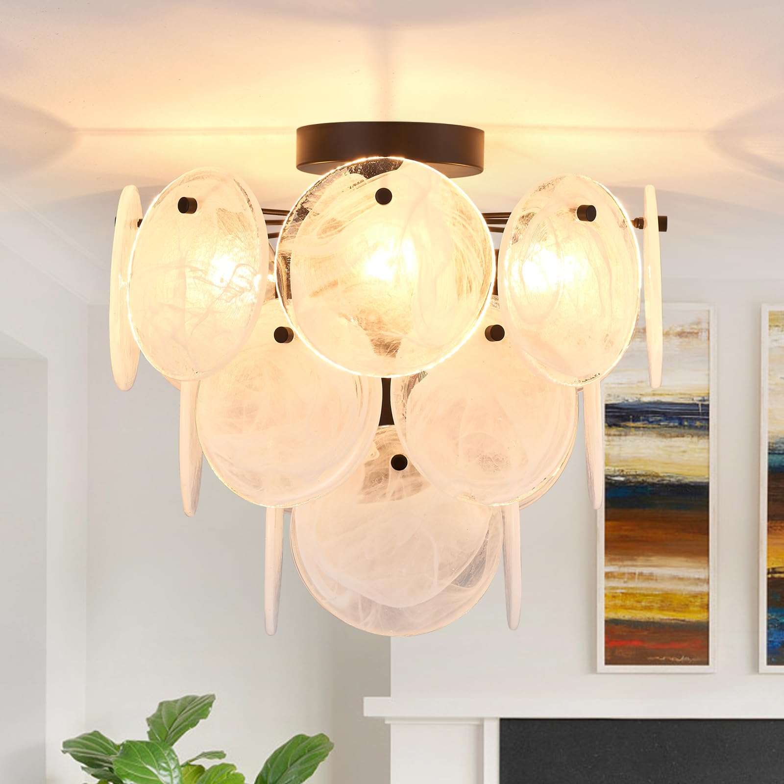 Modern Flush Mount Glass Ceiling Light, Gold Hallway Lights Vintage Chandelier, 4-Light Unique Light Fixture for Bedroom Entryway Loft Kitchen Laundry Bathroom Farmhouse