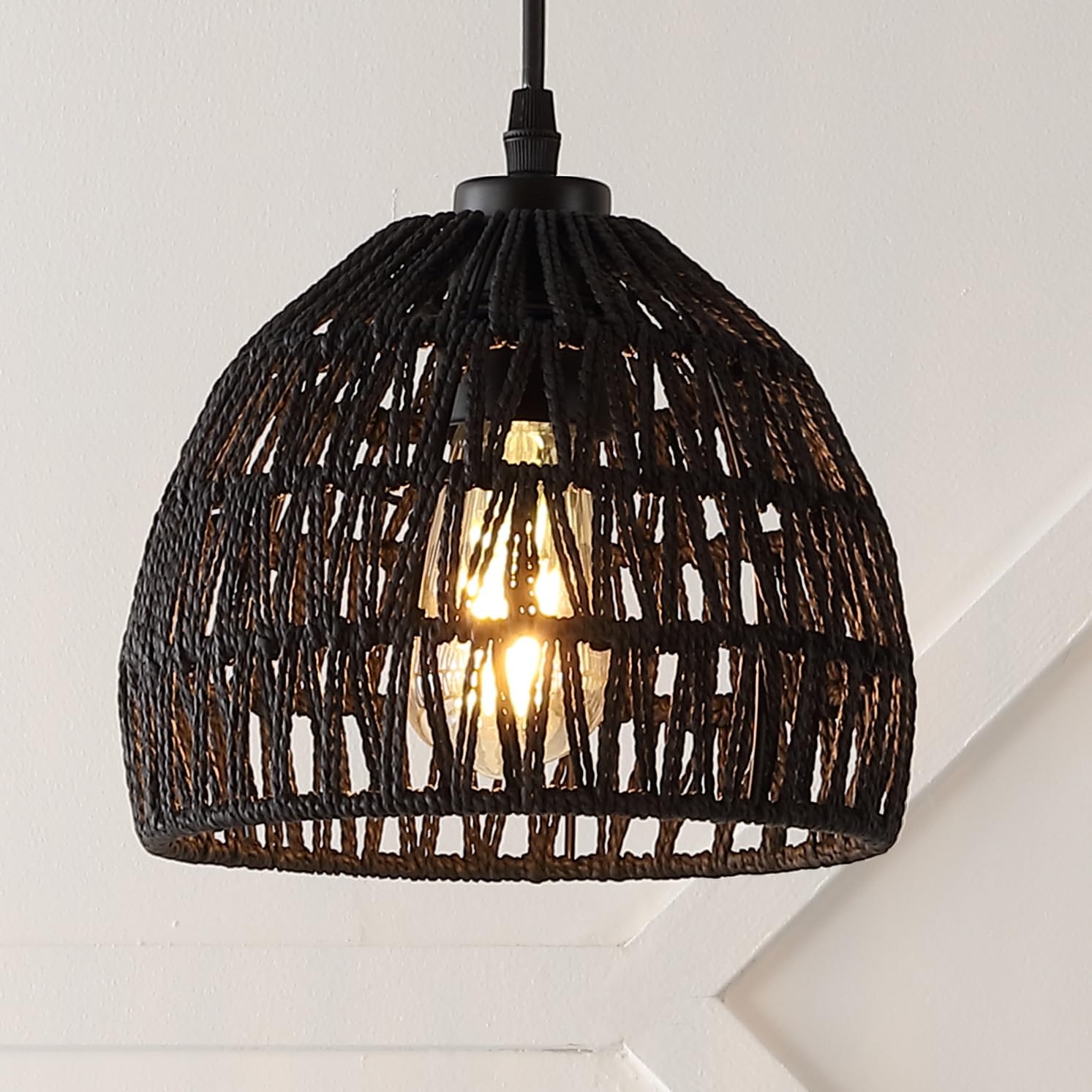 20" 1-Light Bohemian Modern Woven Rattan/Iron LED Pendant Farmhouse Coastal Adjustable Dining Room Living Room Kitchen Island Foyer Bedroom Hallway, Black