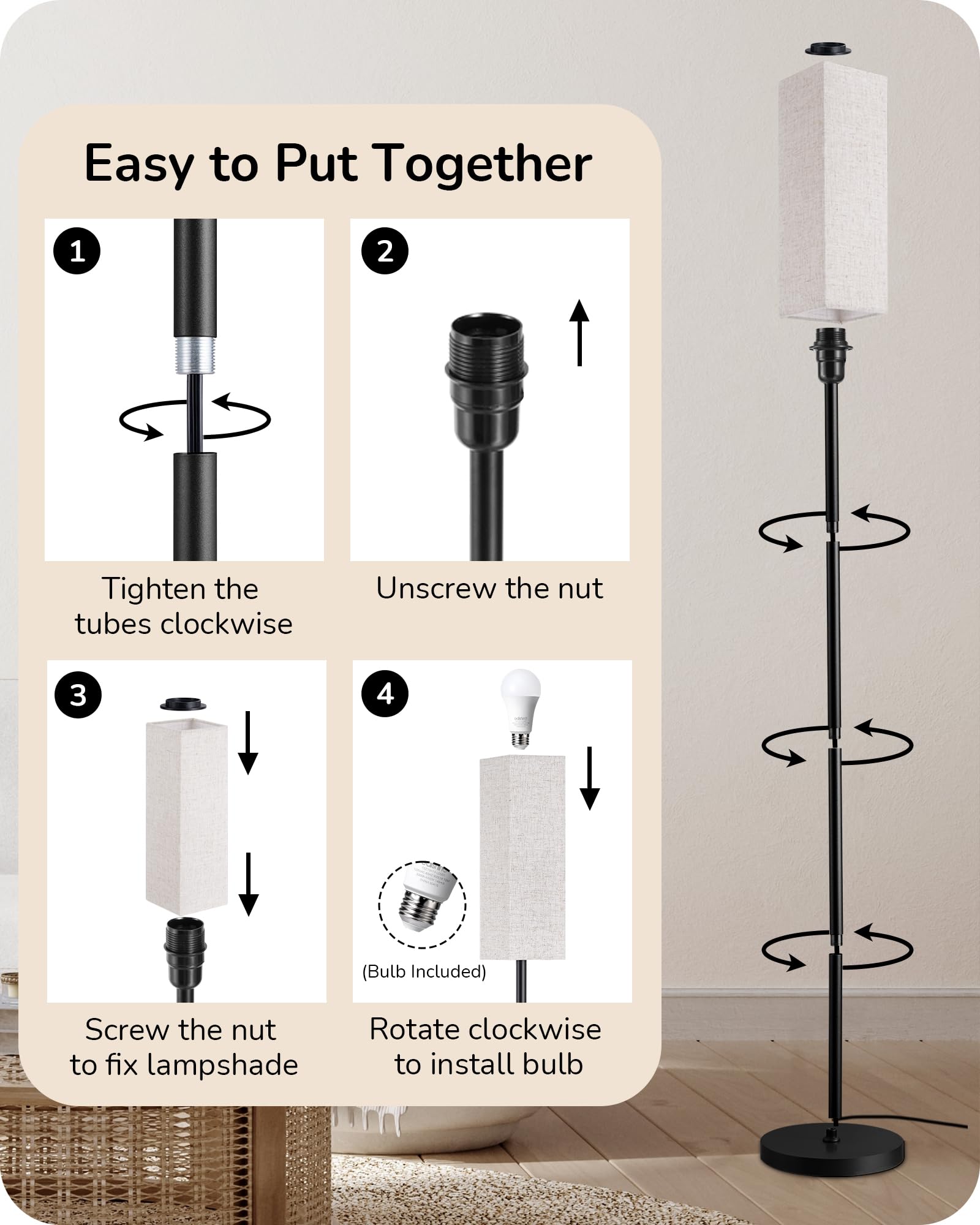 EDISHINE Modern Corner Floor Lamp with Remote, Stepless Dimmable Minimalist Reading Lamp, 65" Tall Pole Lamp for Living Room, Bedroom, Office, 9W LED Bulb Included (Gold)