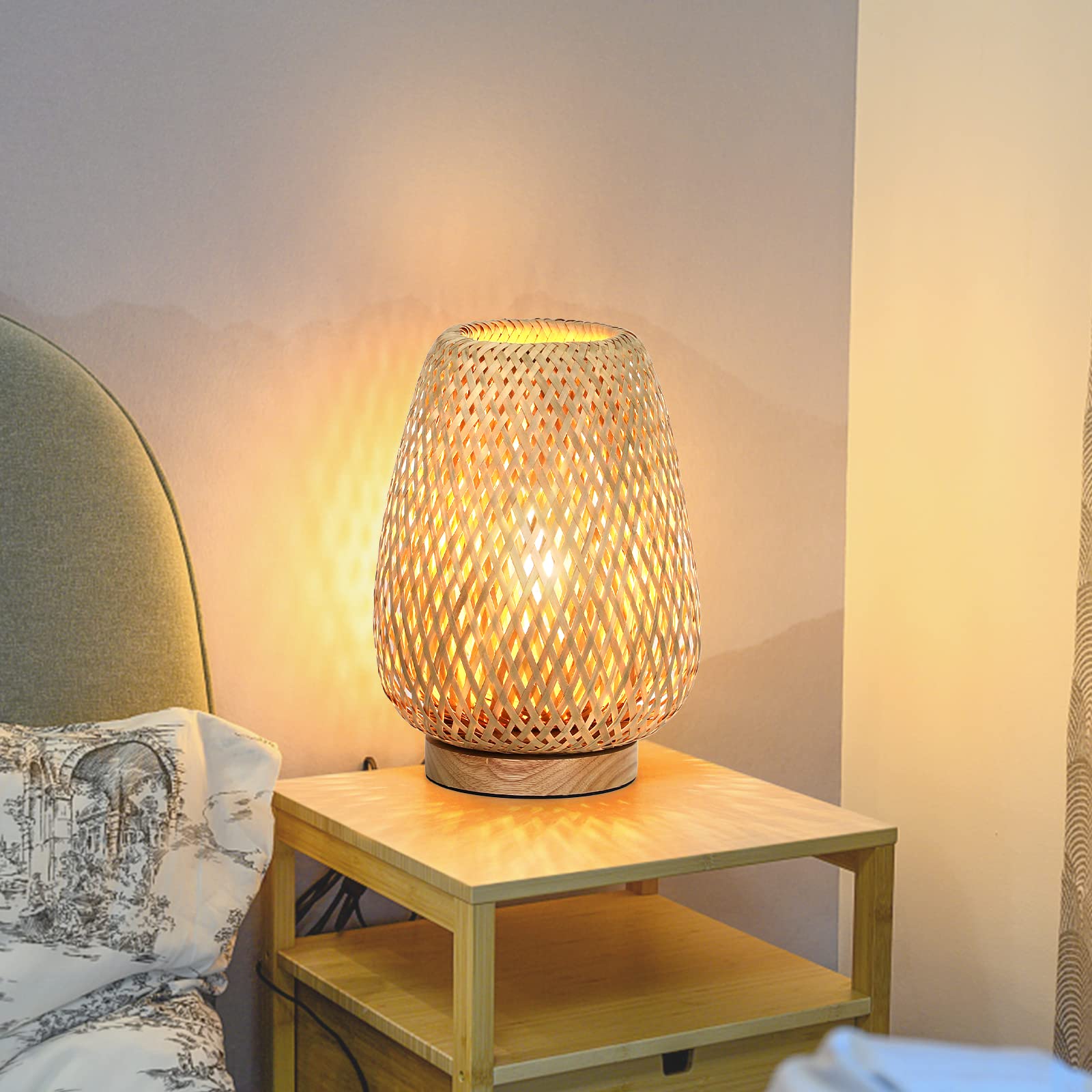 Rattan Table Lamp, Stepless Dimmable Small Beside Lamp, Vintage Wicker Wooden Nightstand Lamp, Boho Bamboo Woven End Table Lamp for Bedroom Living Room Desk Kids Room, 2700K T45 LED Bulb Included