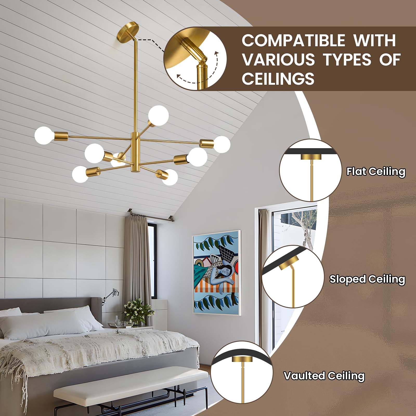 Sputnik Chandelier Modern Gold Chandelier 6-Light E26 Mid Century Ceiling Light Fixture Height Adjustable Hanging Pendant Lighting for Dining Room Kitchen Island Bedroom Office