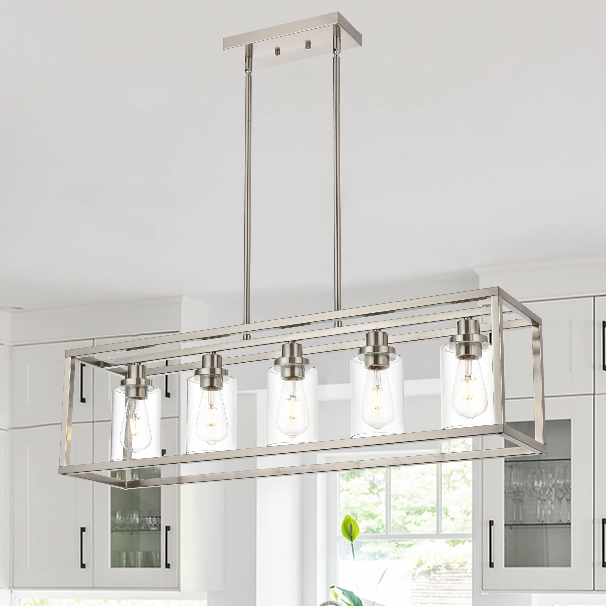 MELUCEE Black Chandeliers Rectangle 5 Lights Dining Room Lighting Fixtures Hanging Over Table, Kitchen Island Lighting Linear Pendant Light Ceiling with Clear Glass Shade and Brushed Brass Socket