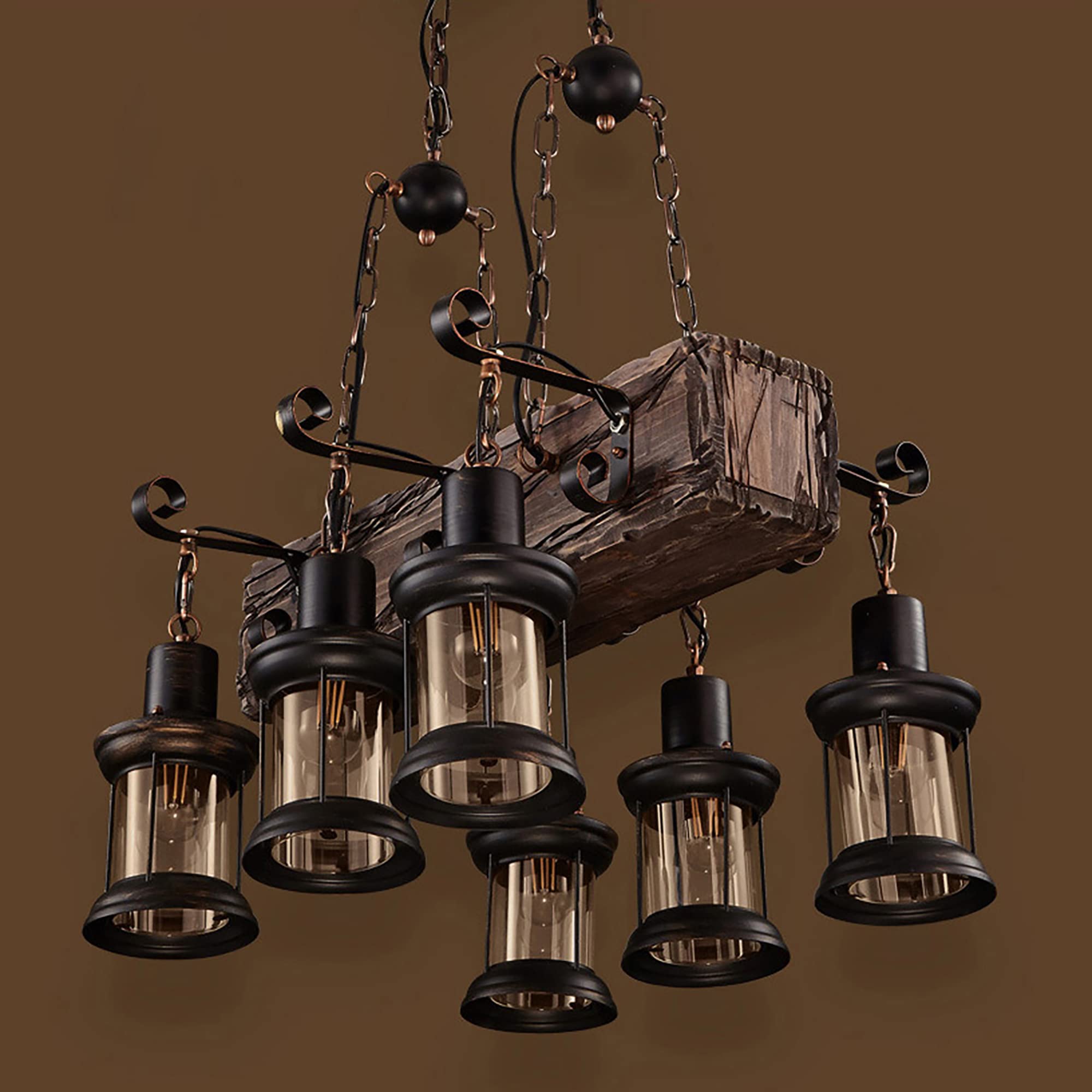 6-Lights Retro Farmhouse Chandelier, Industrial Wood Beam Pendant Light Metal Glass Lampshade Hanging Lighting Fixture for Kitchen Island Pool Table Bar