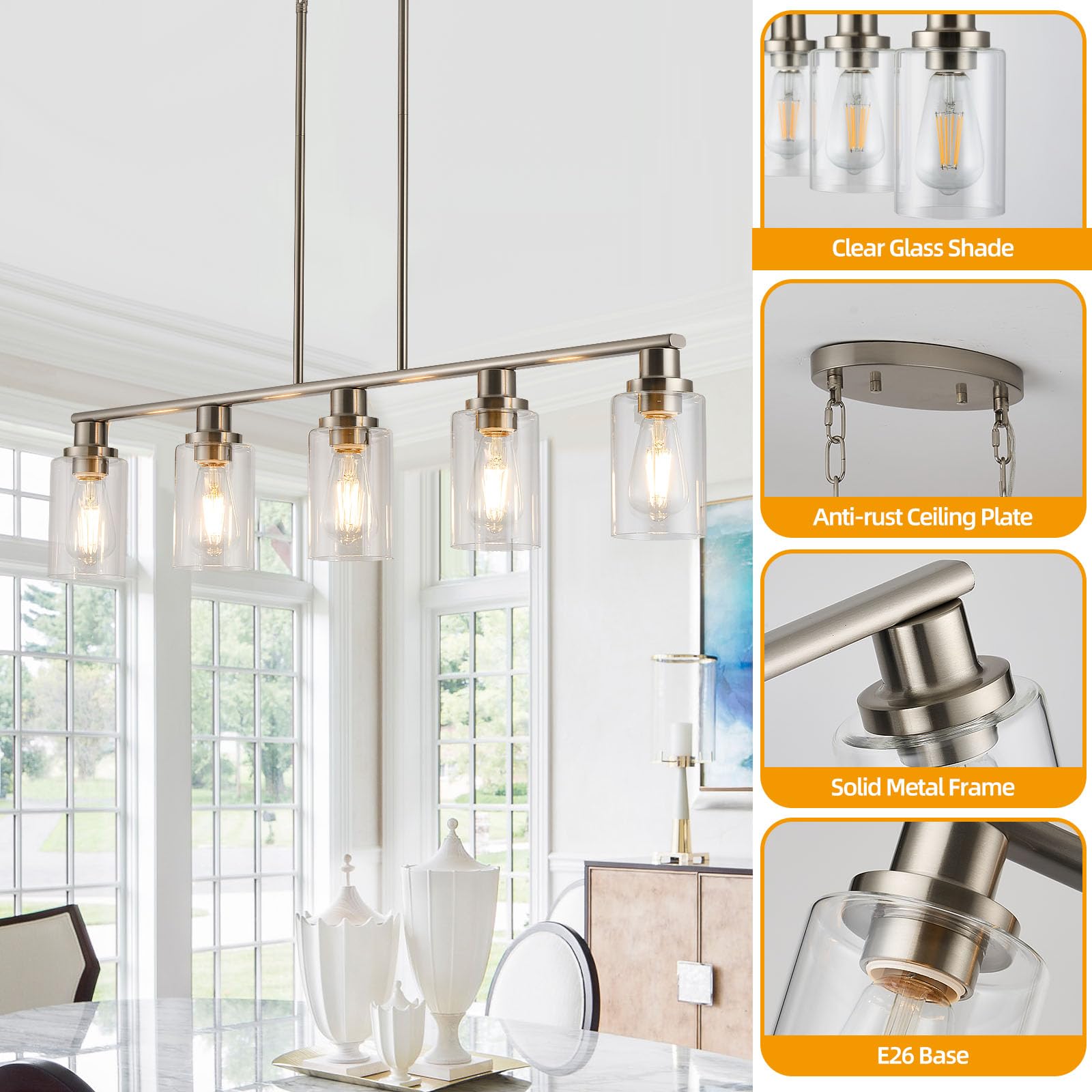 Kitchen Island Lighting, 4-Light Dining Room Light Fixtures Over Table, Gold Linear Chandelier for Dining Room Hanging,Pendant Lights Kitchen Island,with Clear Glass Shade,Height Adjustable