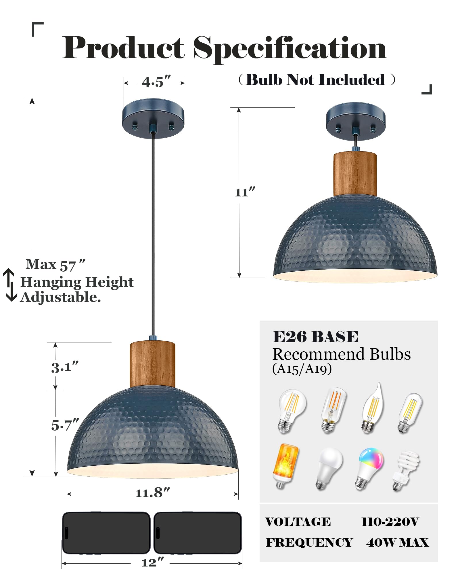 Industrial Pendant Light, Rubber Wood Dome Hanging Lamp with 12" Hammered Metal Shade, Modern Pendant Light Fixtures for Kitchen Island, Bar, Farmhouse Dining Room, Bedroom, Hallway - Black