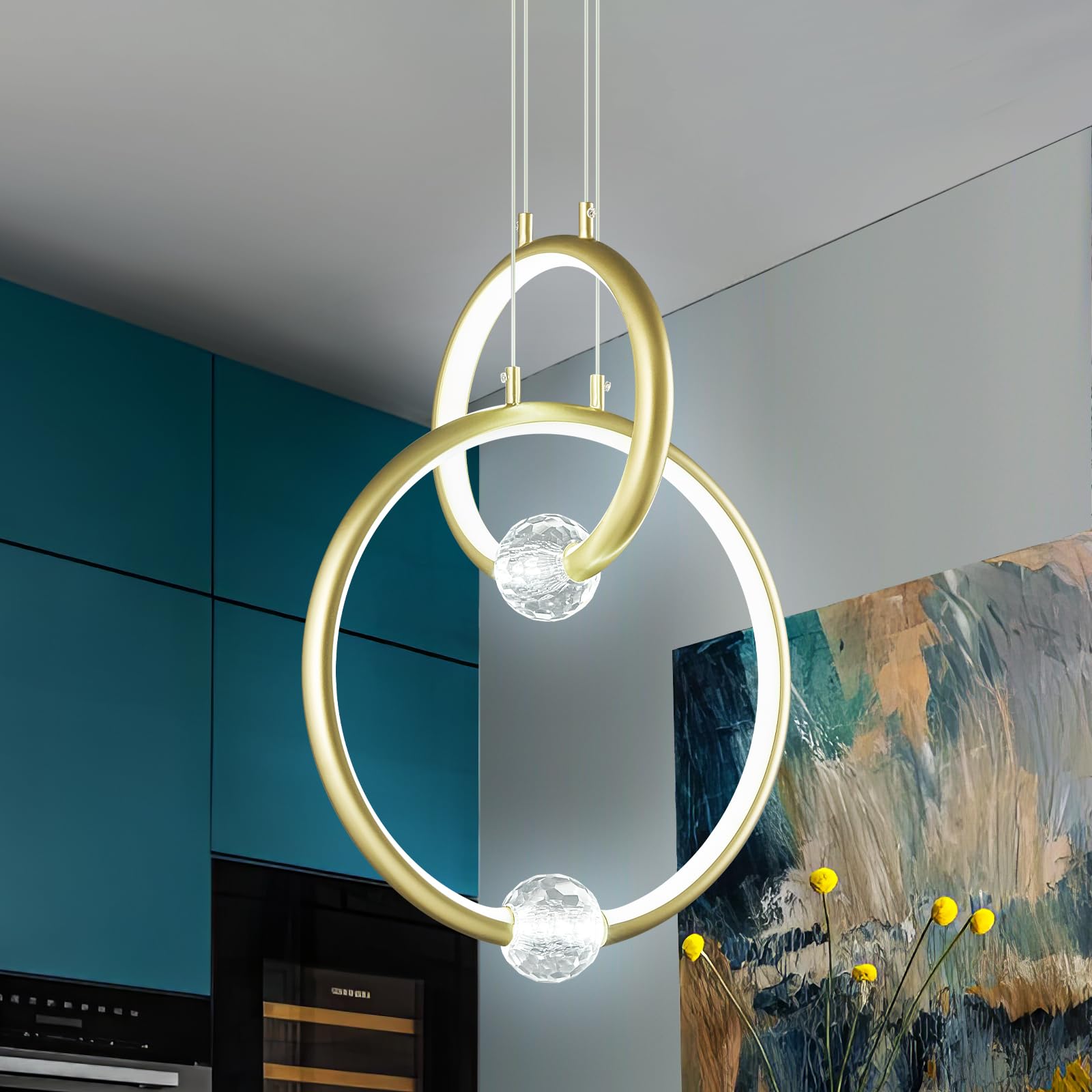 Modern LED Pendant Light Fixtures,2-Ring Dimmable Chandelier 6000K,Adjustable Height Ceiling Hanging Light Gold Pendant Lights for Kitchen Island Dining Room Bedroom(15.8in*11.8in)