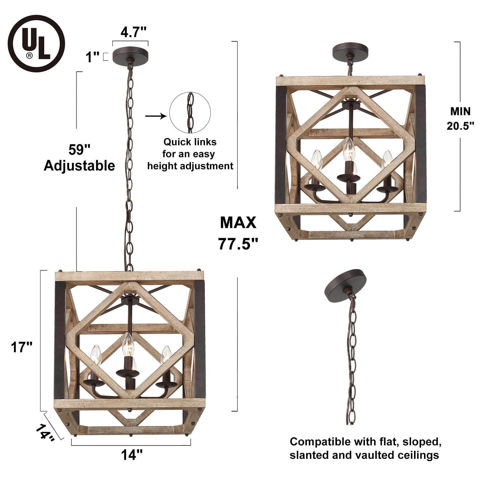 Farmhouse Chandelier, 4-Light Rustic Wood Cage Dining Room Chandelier Over Table, Wooden Square Chandeliers Hanging Light Fixture for Bedrooms, Kitchen Island, Entryway, Foyer