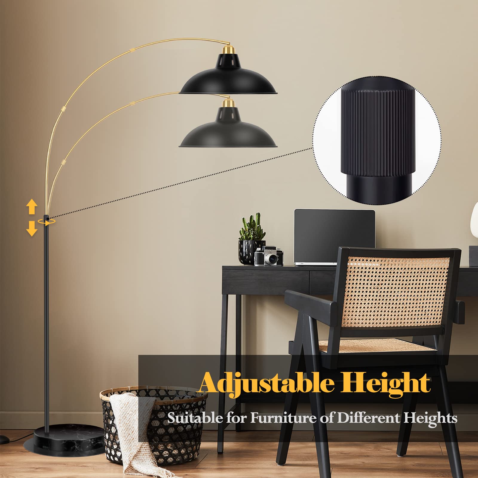 Arc Floor Lamp for Living Room, Marble Base Standing Lamp - Black Gold Floor Lamps with 360° Rotatable Arm, Industrial Tall Lamp Metal Material, Reading Lamp for Bedroom Couch Sofa Desk