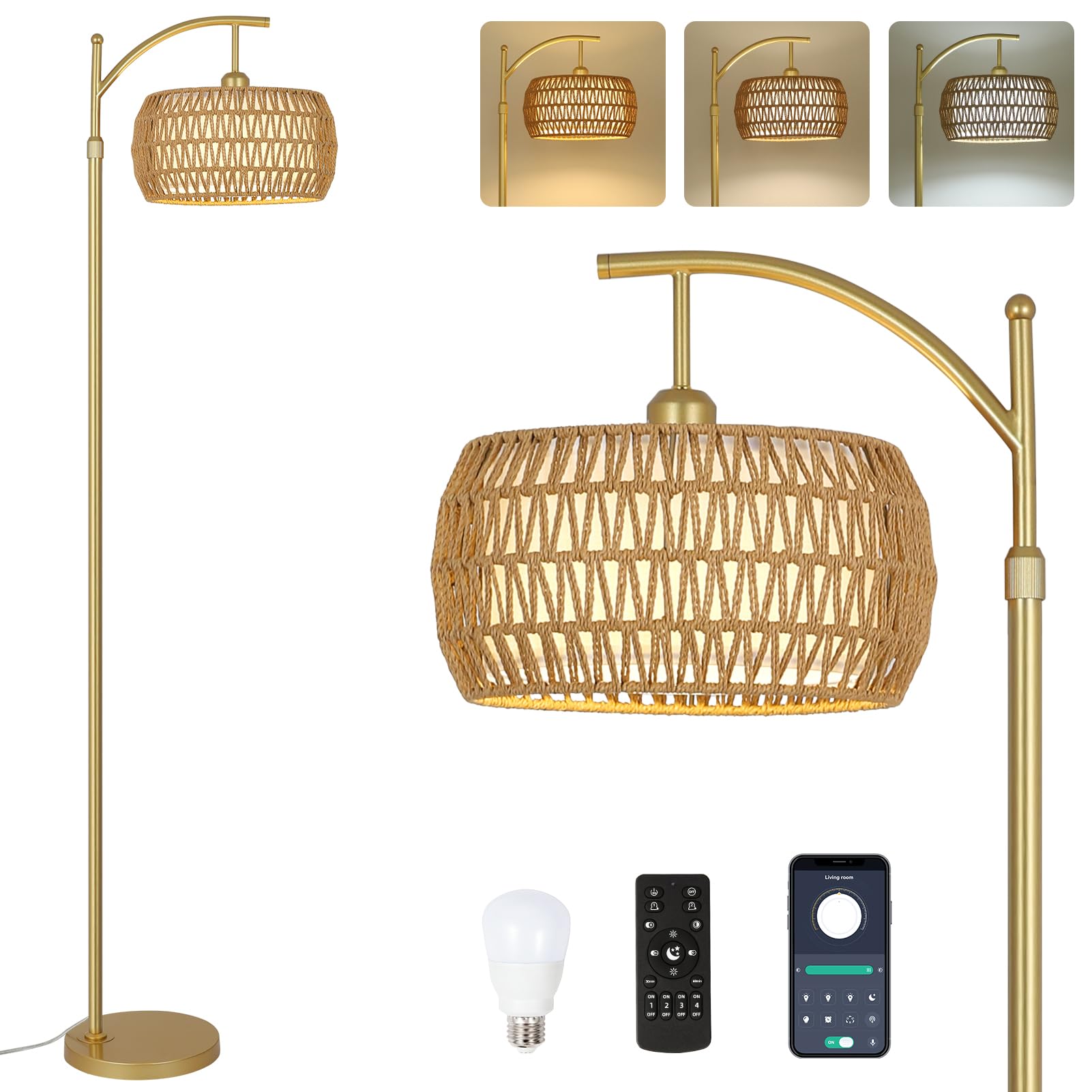 Arc Floor Lamp with 3 Color Temperatures, LED Gold Floor Lamp with Remote & Stepless Dimmable Bulb, Boho Standing Lamp with Rattan & Fabric Shades, Farmhouse Tall Lamp for Living Room Bedroom