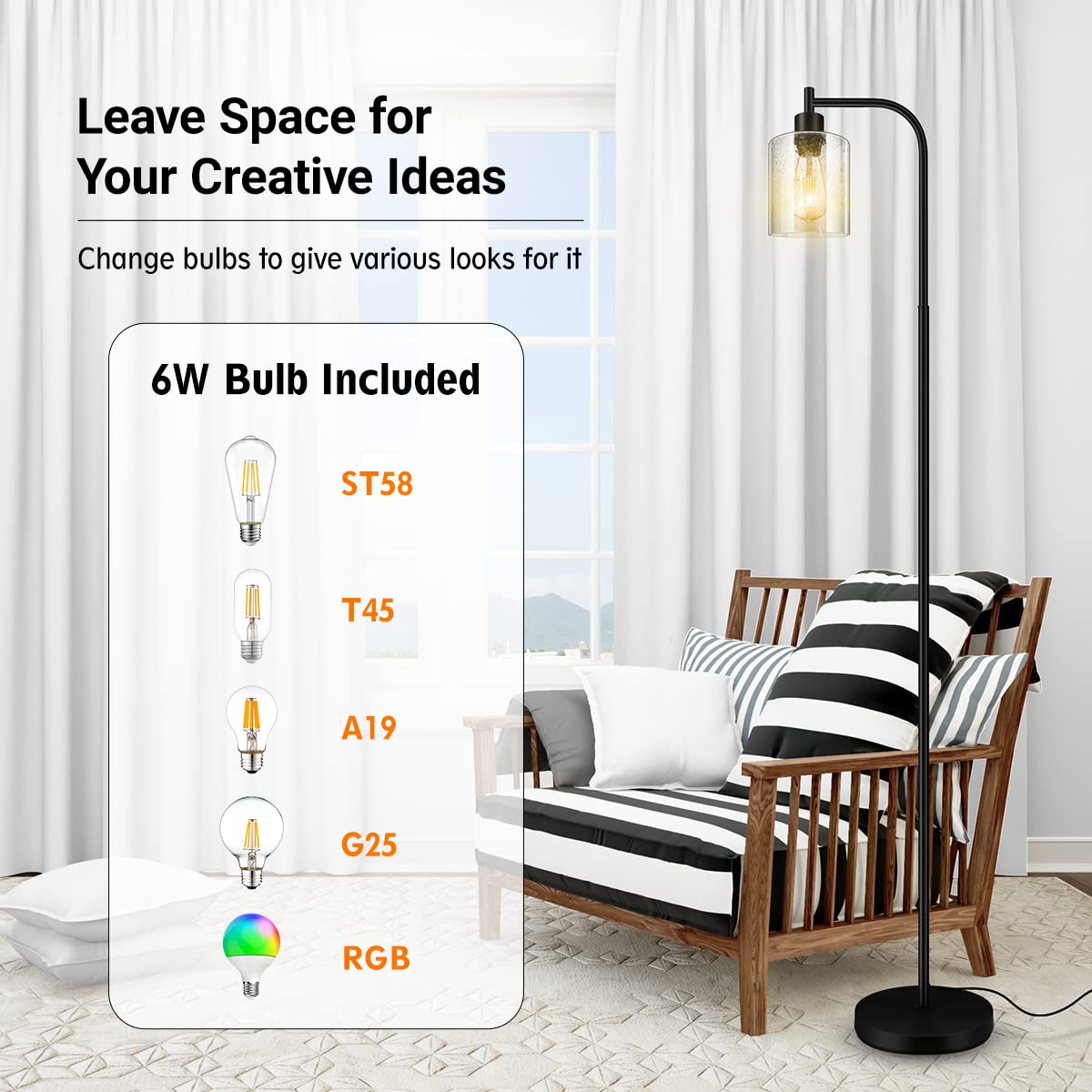 Floor Lamp, 6W Black Modern Floor Lamp with 4W Adjustable Reading Lamp, 2700K Energy-Saving LED Bulbs Included, Industrial Bright Floor Lamp for Bedroom, Living Room and Office