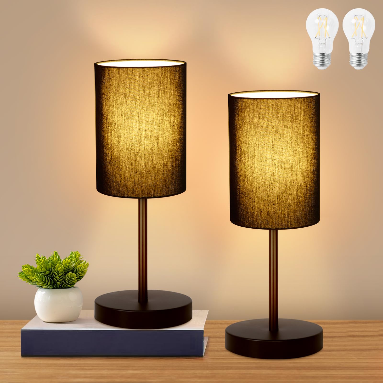 Small Table Lamp for Bedroom, Bedside Lamps for Nightstand with Wire Switch, Minimalist Modern Desk Lamps with Linen Fabric Shade for Kids Room Living Room Office Dorm