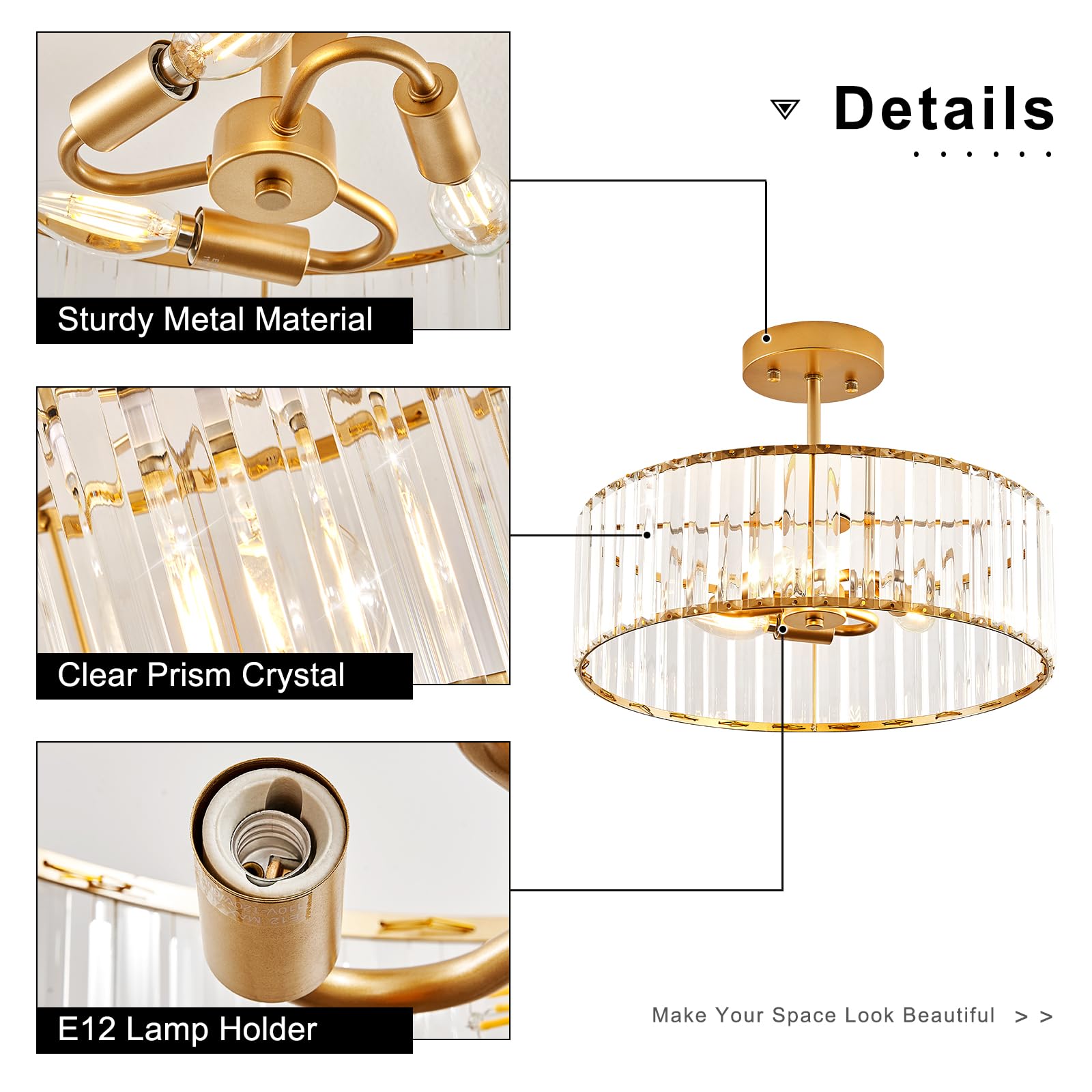 Modern Gold Semi Flush Mount Ceiling Light Crystal Hallway Light Fixture Metal Close to Ceiling Lamp for Kitchen Living Room Bathroom Entryway Bedroom