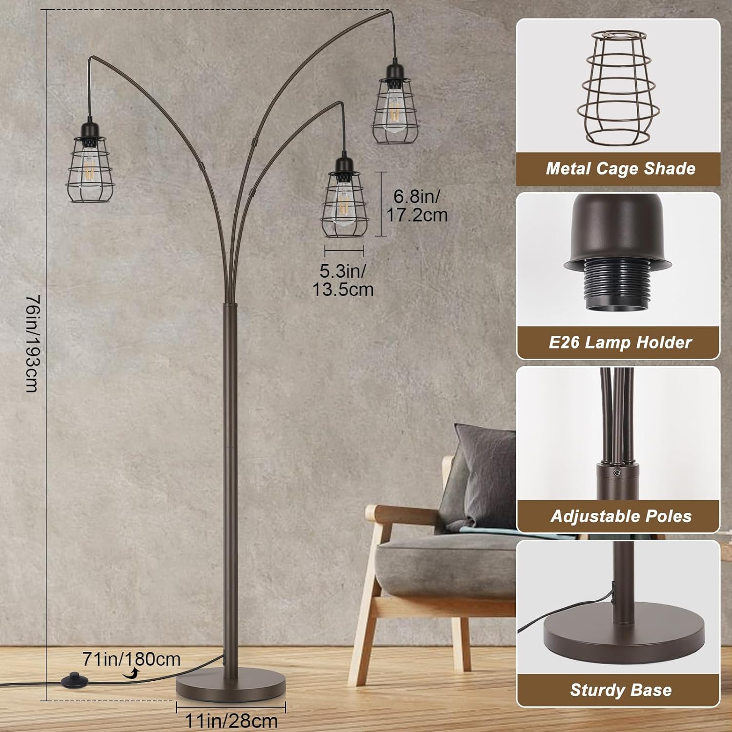 Industrial Floor Lamp, 3 Light Arc Floor Lamps for Living Room, 76 Inch Tall Standing Lamp with Metal Cage Shades & Foot Switch, Vintage Floor Lamp for Bedroom, Office, Corner, Bronze