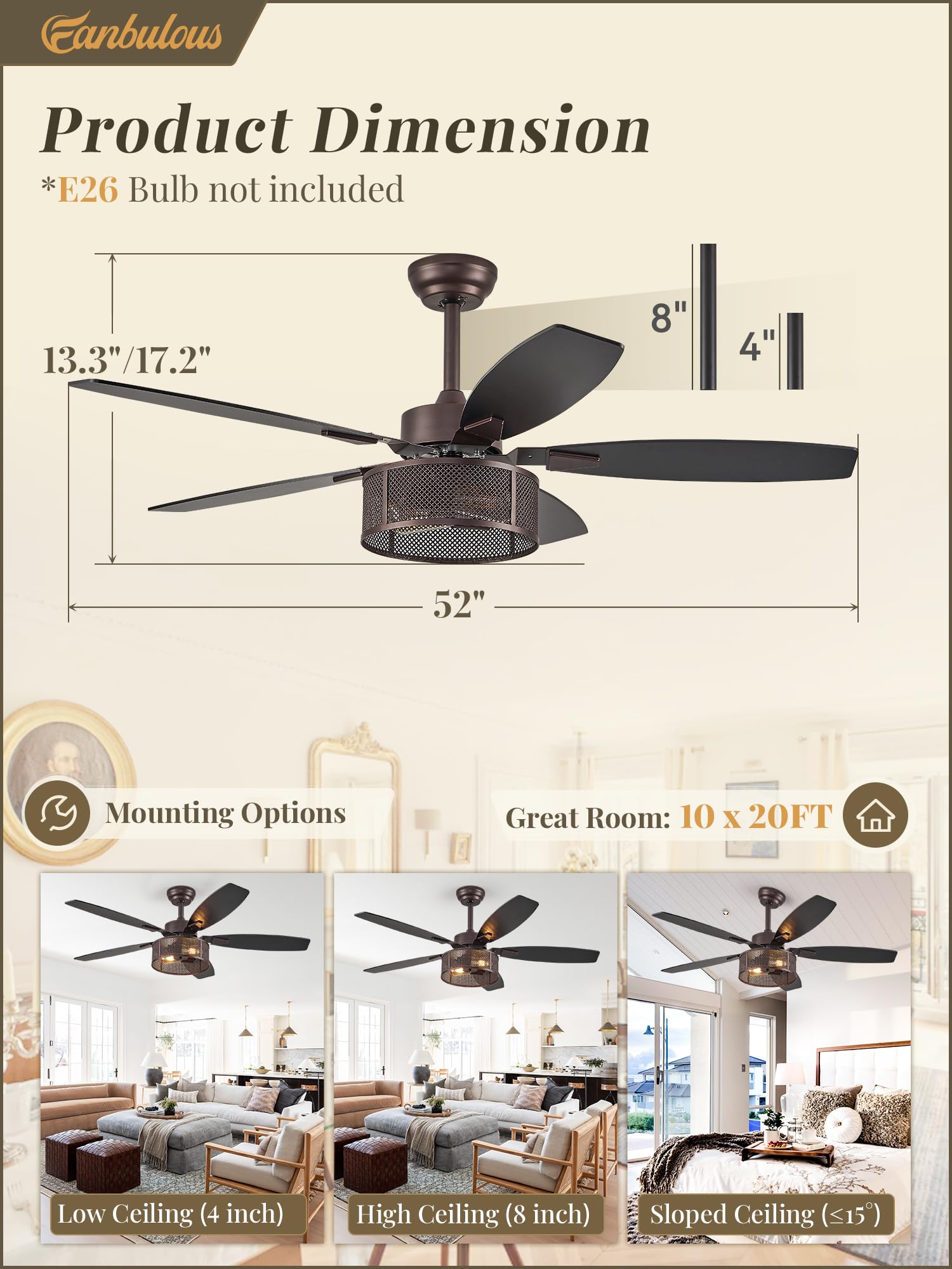 Farmhouse Ceiling Fans with Lights and Remote, 52 Inch Black Industrial Caged Ceiling Fans for Bedroom Living Room Kitchen, 6 Speed Reversible Quiet DC Motor, Dual Finish 5 Blades