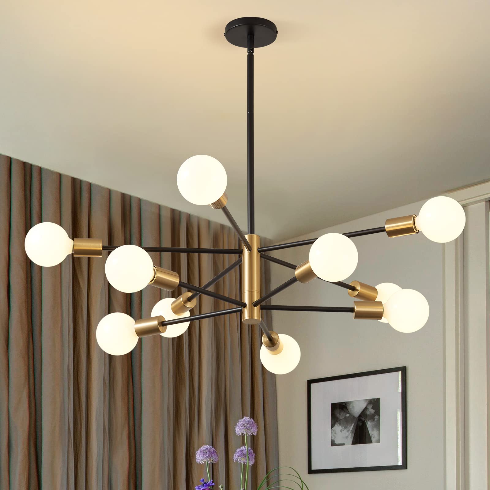 Sputnik Chandelier Modern Gold Chandelier 6-Light E26 Mid Century Ceiling Light Fixture Height Adjustable Hanging Pendant Lighting for Dining Room Kitchen Island Bedroom Office