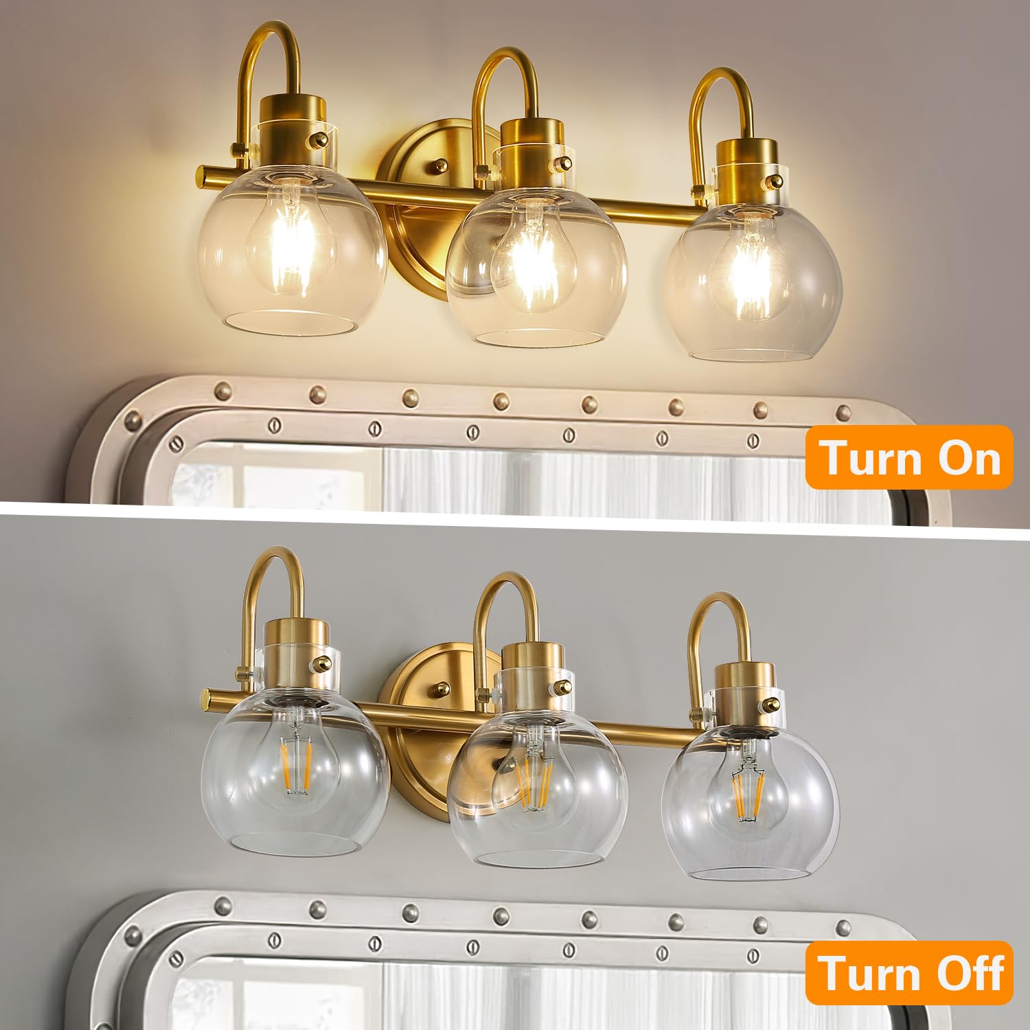 3 Lights Vanity Light, Brushed Nickel Bathroom Light Fixtures, Farmhouse Wall Sconces with Globe Clear Glass Shade, Porch Wall Mount Lamp for Mirror, Kitchen, Porch, Living Room, Workshop (E26 Base)