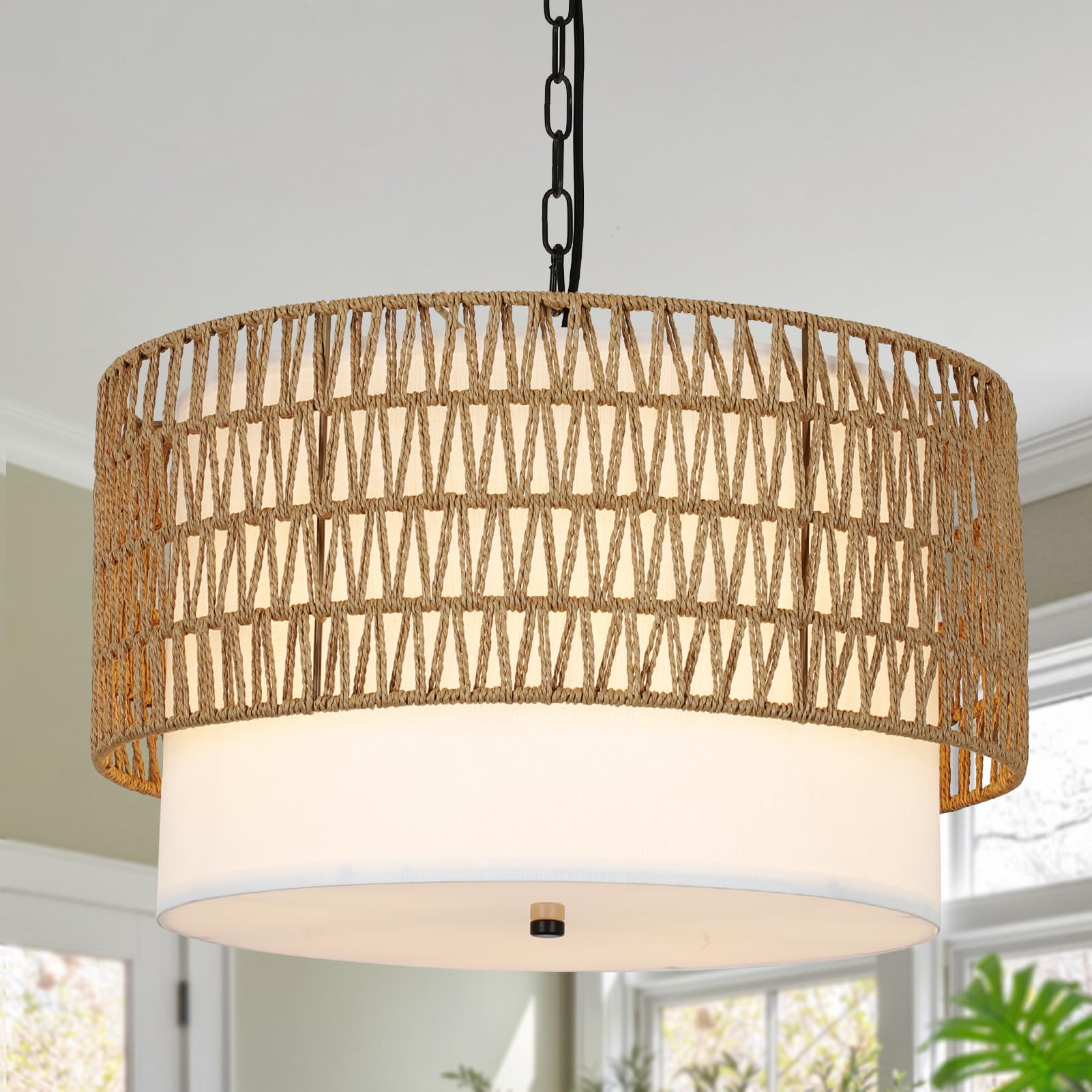 Rattan Farmhouse Chandelier Light Fixtures, 5-Lights Boho Large Pendant Light,Hand Woven Chandeliers for Dining Room with Fabric Shade,Rustic Chandeliers Hanging Light Fixtures for Kitchen Island