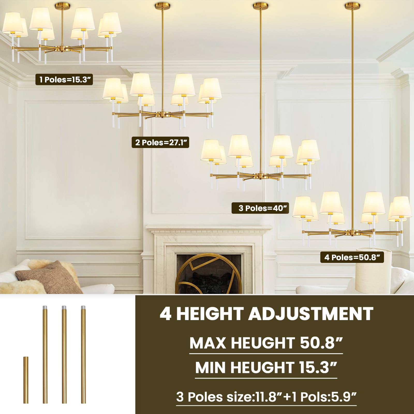 Dining Room Chandeliers Light - 5-Light White and Gold Modern Chandeliers Light Fixtures with White Fabric Shade, Height Adjustable Pendant Island Light for Entryway Farmhouse