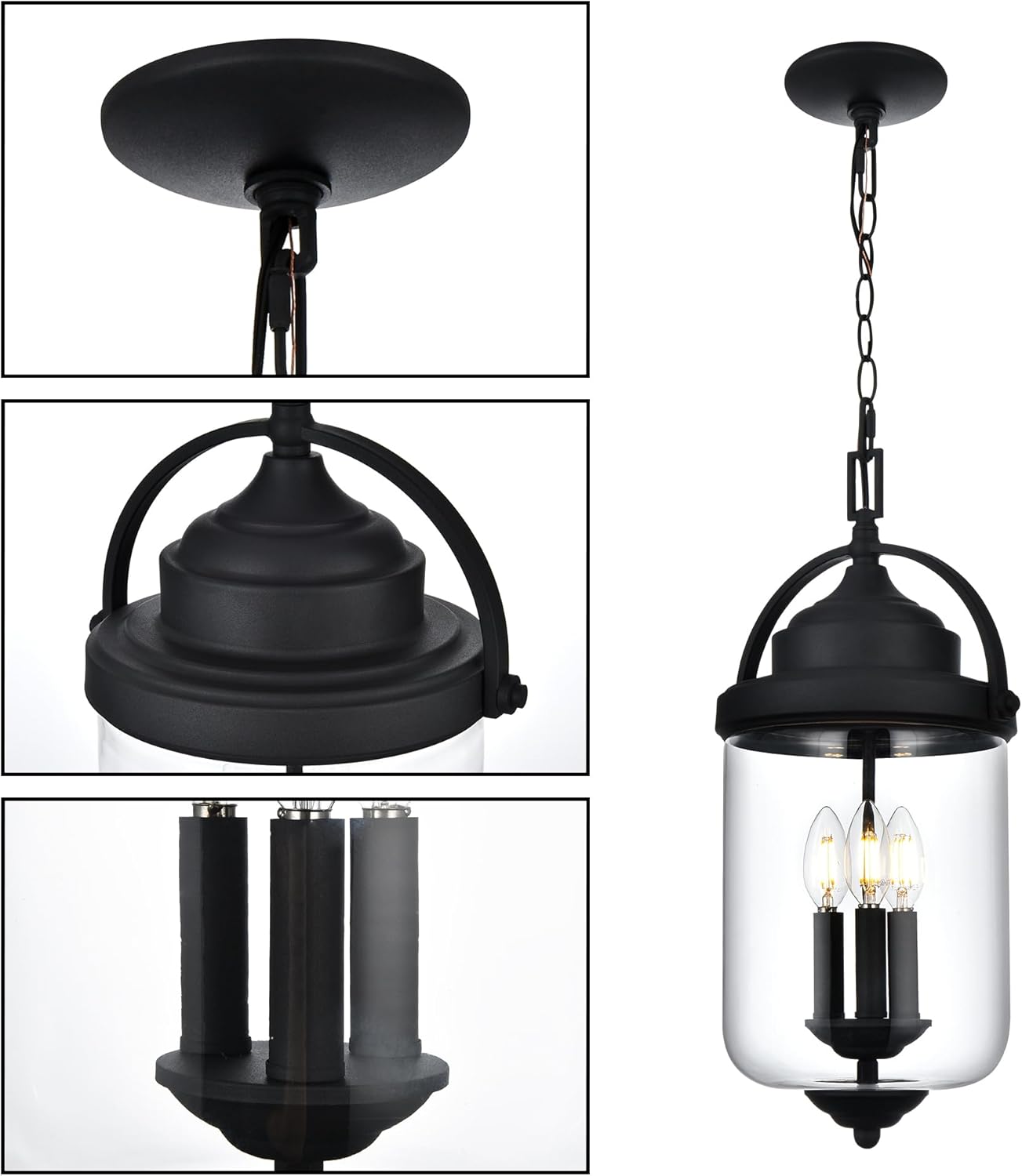 Outdoor Pendant Lights for Porch, 3-Light Outdoor Chandelier Exterior Hanging Lantern in Brushed Nickel Finish with Clear Glass, Front Door Hallway Porch Lighting