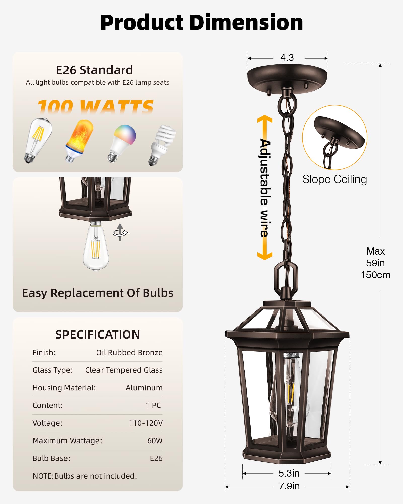 Outdoor Pendant Light Fixtures for Front Porch, Exterior Ceiling Hanging Lanterns, Anti-Rust Waterproof Farmhouse Outdoor Chandelier, Black Gold Aluminum with Tempered Water Glass for Entryway