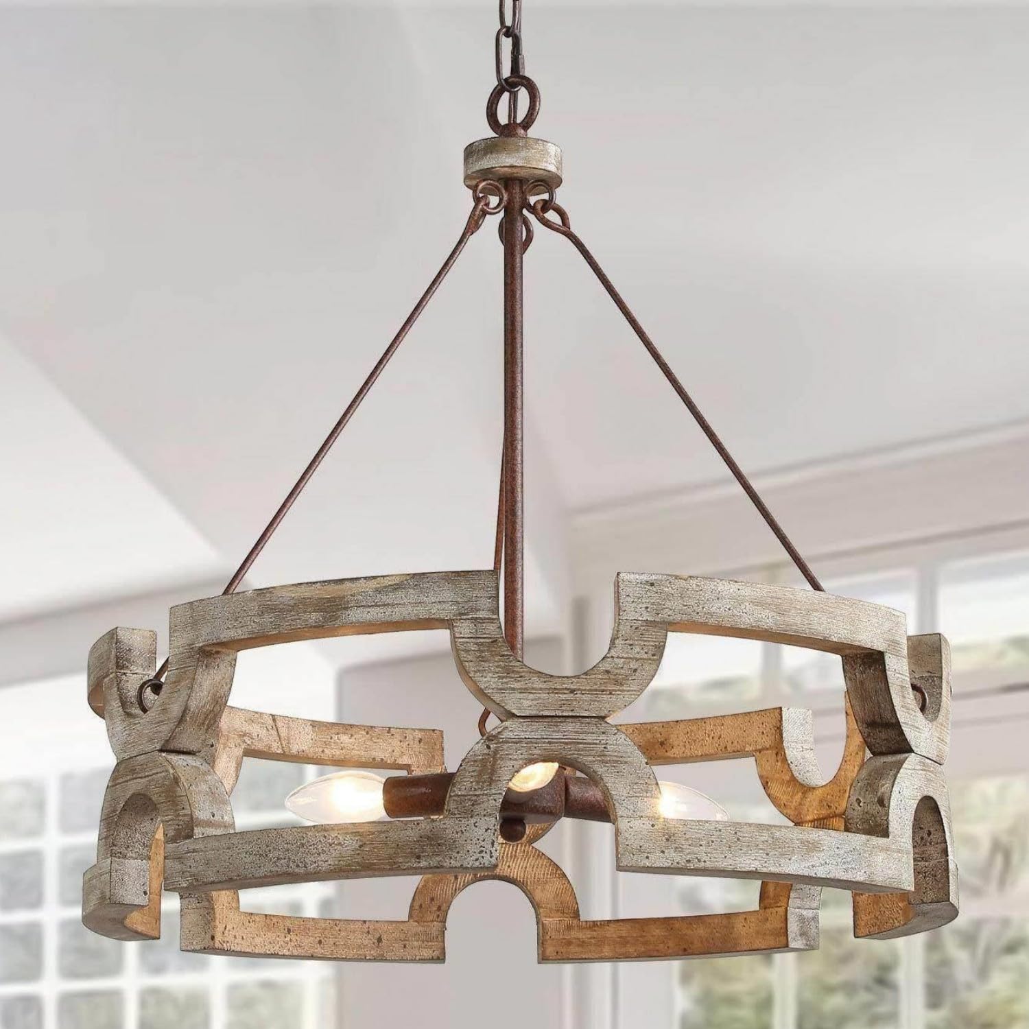 Farmhouse Wood Chandelier, Round Drum Light Fixture for Dining Room, Living Room, Bedroom, Kitchen Island and Foyer