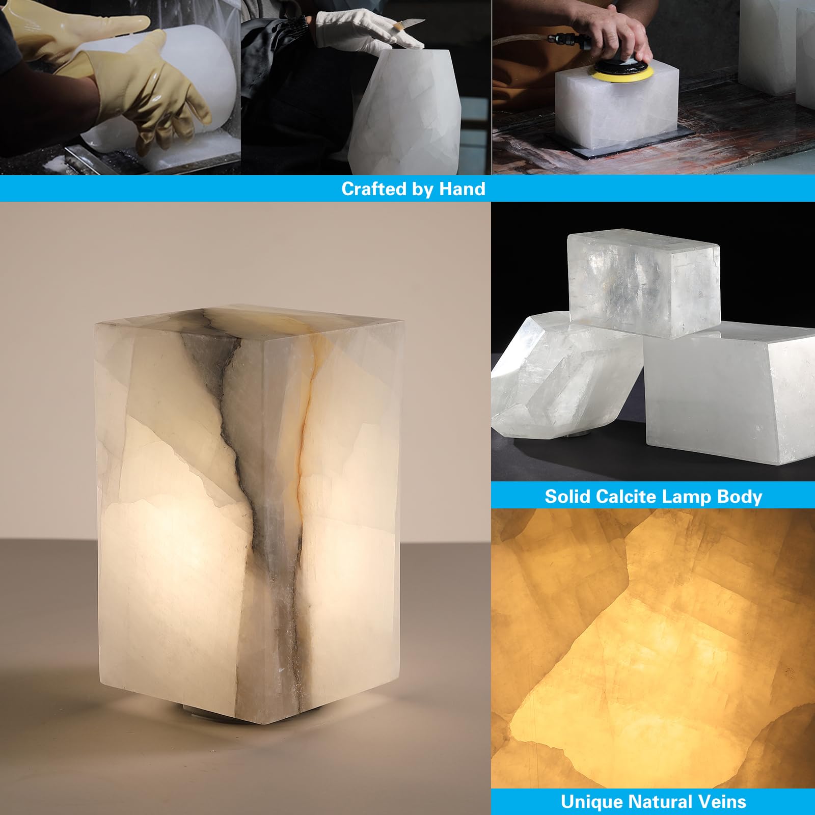 Natural Solid Stone Table Lamp with One-of-a-Kind Crystal Texture, Small Accent Lamp with 3 Colors Dimmable LED, Unique Lamp for Bedroom Living Room, Cuboid White