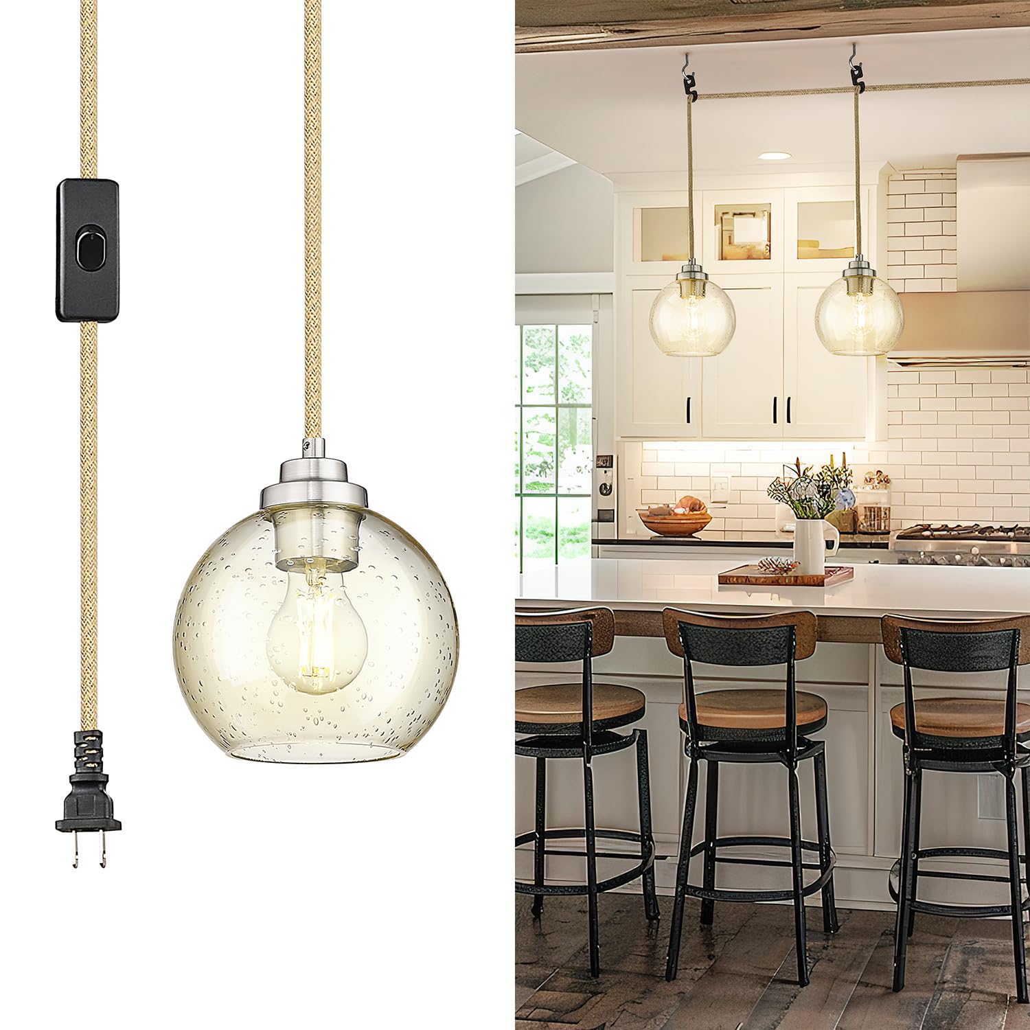 Modern Polished Gold Pendant Light, Mid Century Globe Hanging Light Fixture with Clear Glass for Kitchen Island Dining Room Bedroom Hallway Foyer (2 Pack), PL101BG-2PK