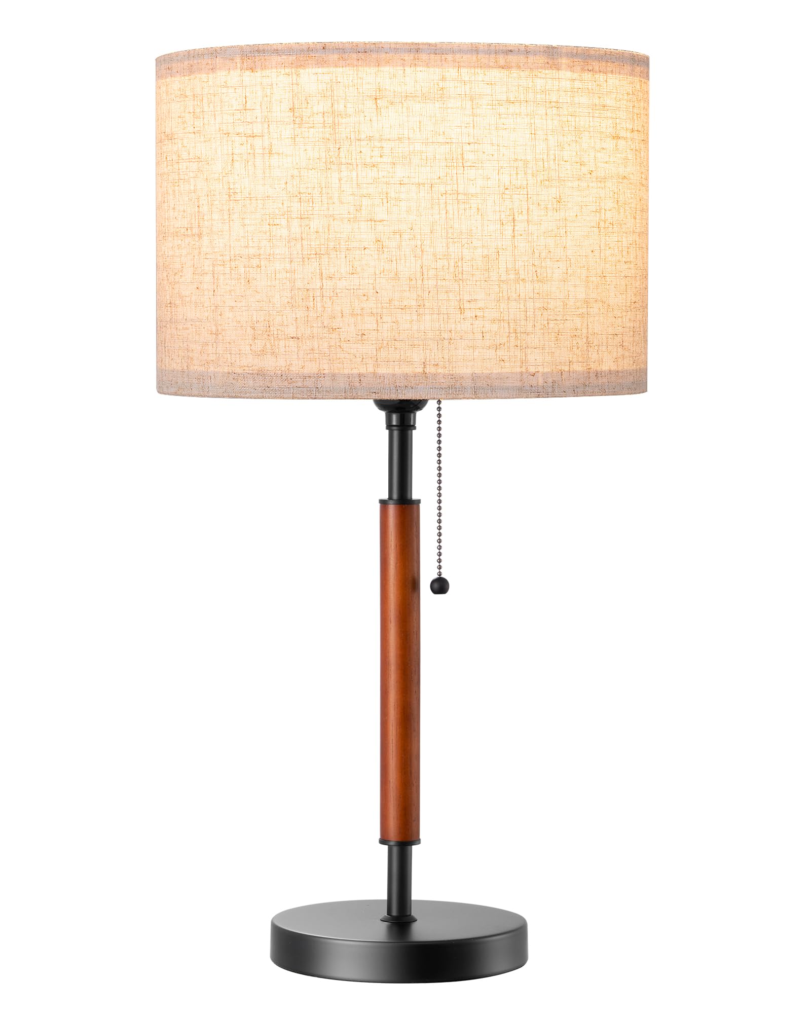 Mid Century Table Lamp, Bedside Lamp with Pull Chain Switch, Solid Wood & Metal Pole, Modern Nightstand Table Lamp for Living Room, Bedroom, Office, Frosted Bronze & Wood Finish