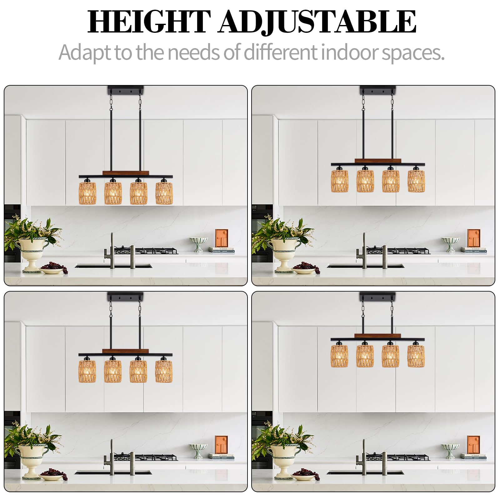 Rattan Kitchen Island Light Fixture, 5 Lights Boho Rectangle Pendant Lights for Dining Room, Farmhouse Chandeliers Over Table, Modern Ceiling Hanging Kitchen Light Fixtures, Height Adjustable