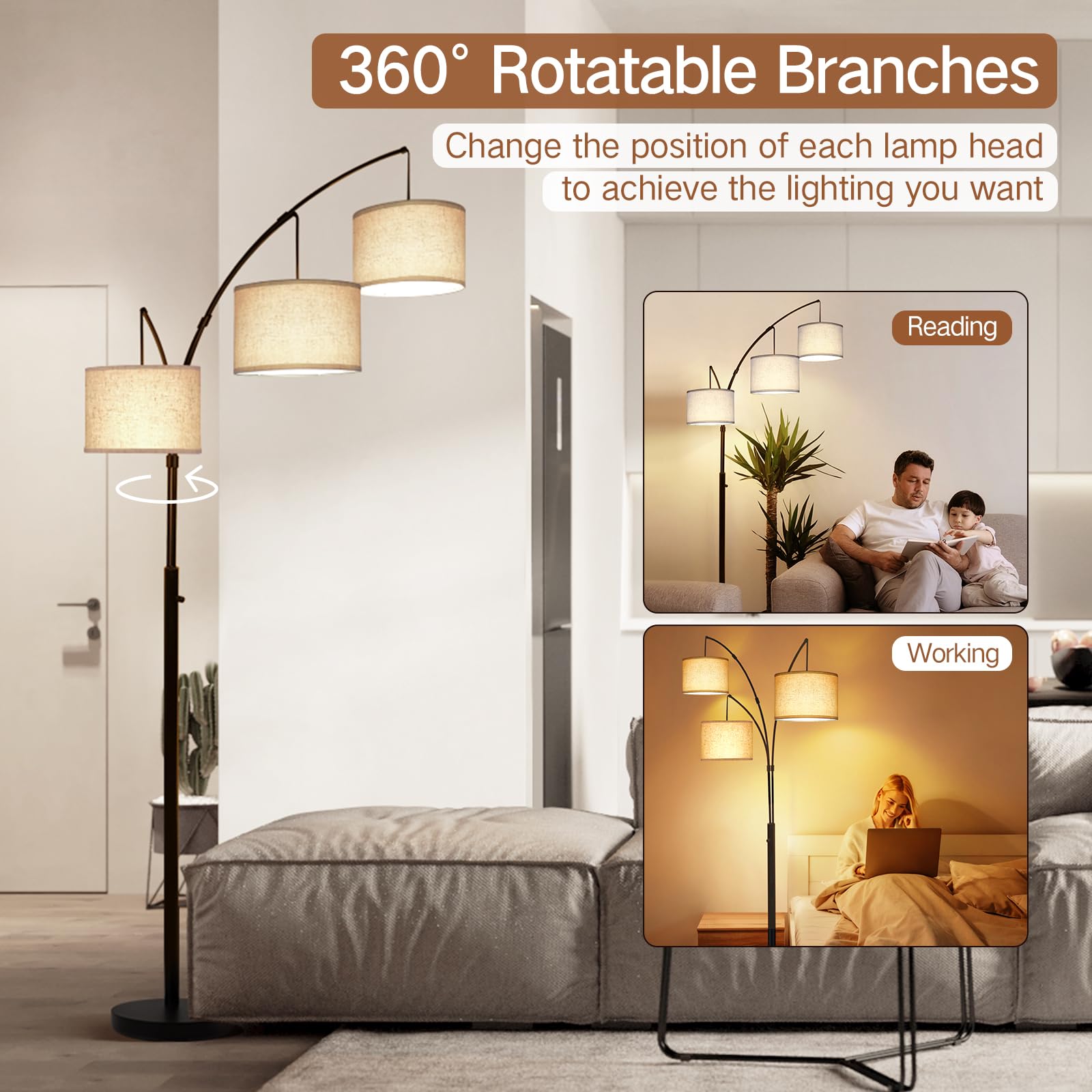 Arc Led Floor Lamp, Modern Black 3 Light Arched Tall Floor Lamp for Bedroom, 2400lm Mid Century Adjustable Standing Corner Lamps for Living Room Office, 3 LED Bulbs Included, Beige Lampshade