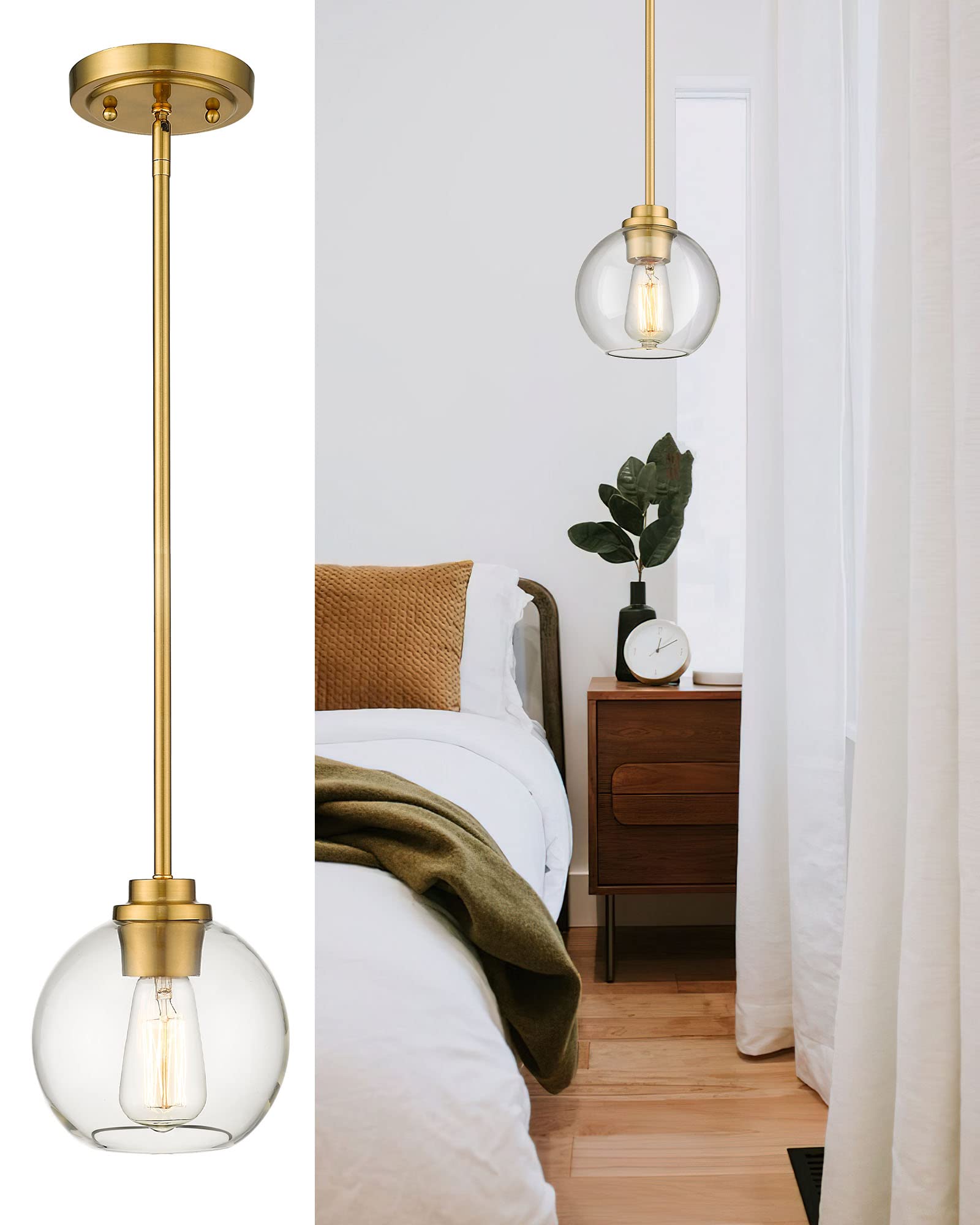 Brass Pendant Lights Kitchen Island 2 Pack, Farmhouse Gold Pendant Light with Clear Glass Globe Shade, Kitchen Island Lighting for Dining Room Entryway, AD-22280-1P2-GD-C