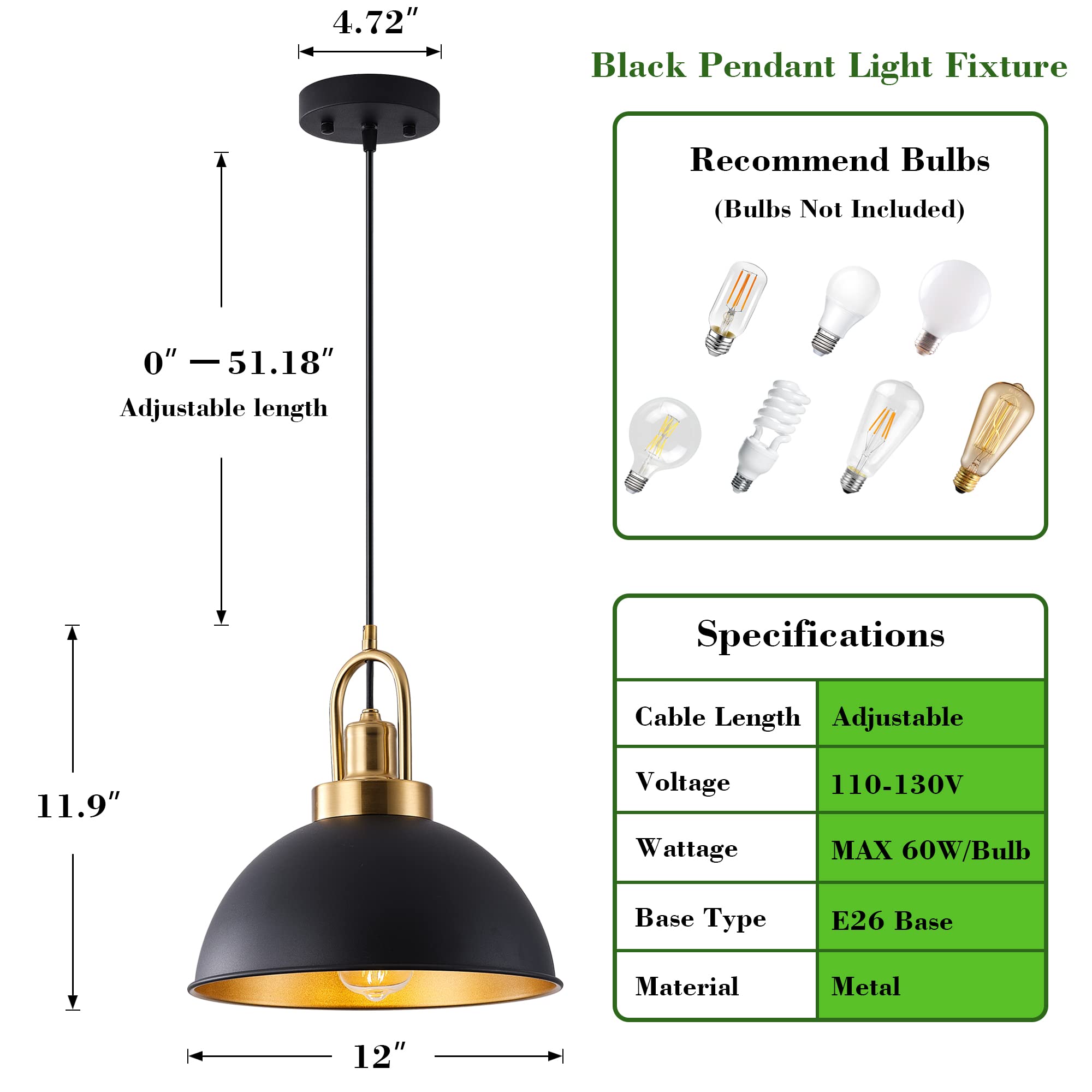 Black Farmhouse Pendant Light, Adjustable Height, Vintage Hanging Industrial Ceiling Lights Fixture for Kitchen Island Hallway Dining Room 2 Pack