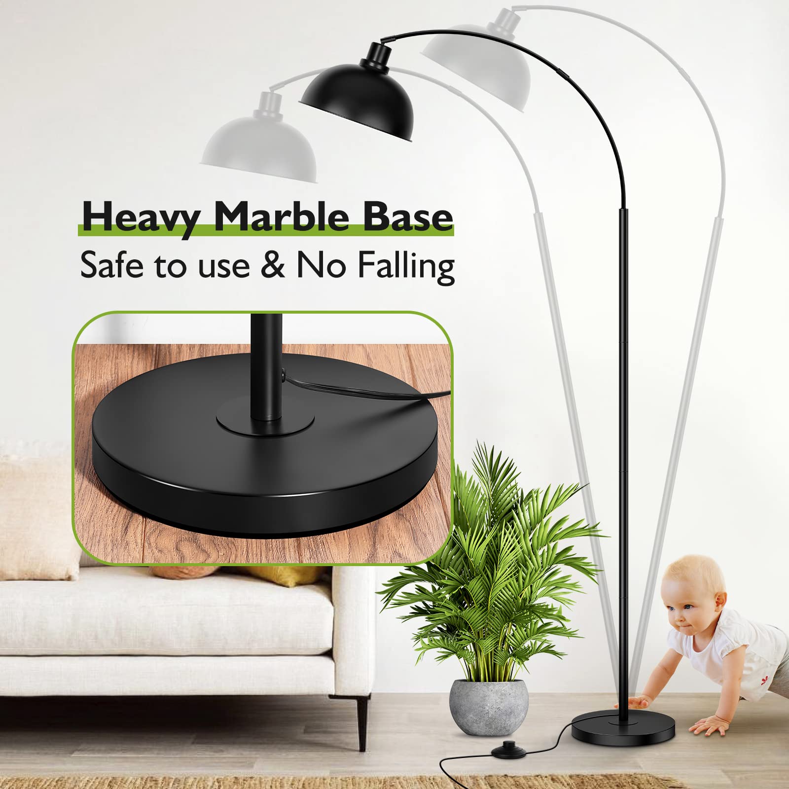 Arc Floor Lamps for Living Room, Modern Tall Standing Lamp Remote Control,Stepless Dimmable Gold Floor Lamp with Hanging Dome Shade, Over Couch Arched Reading Lamp for Bedroom, Office (Bulb Included)