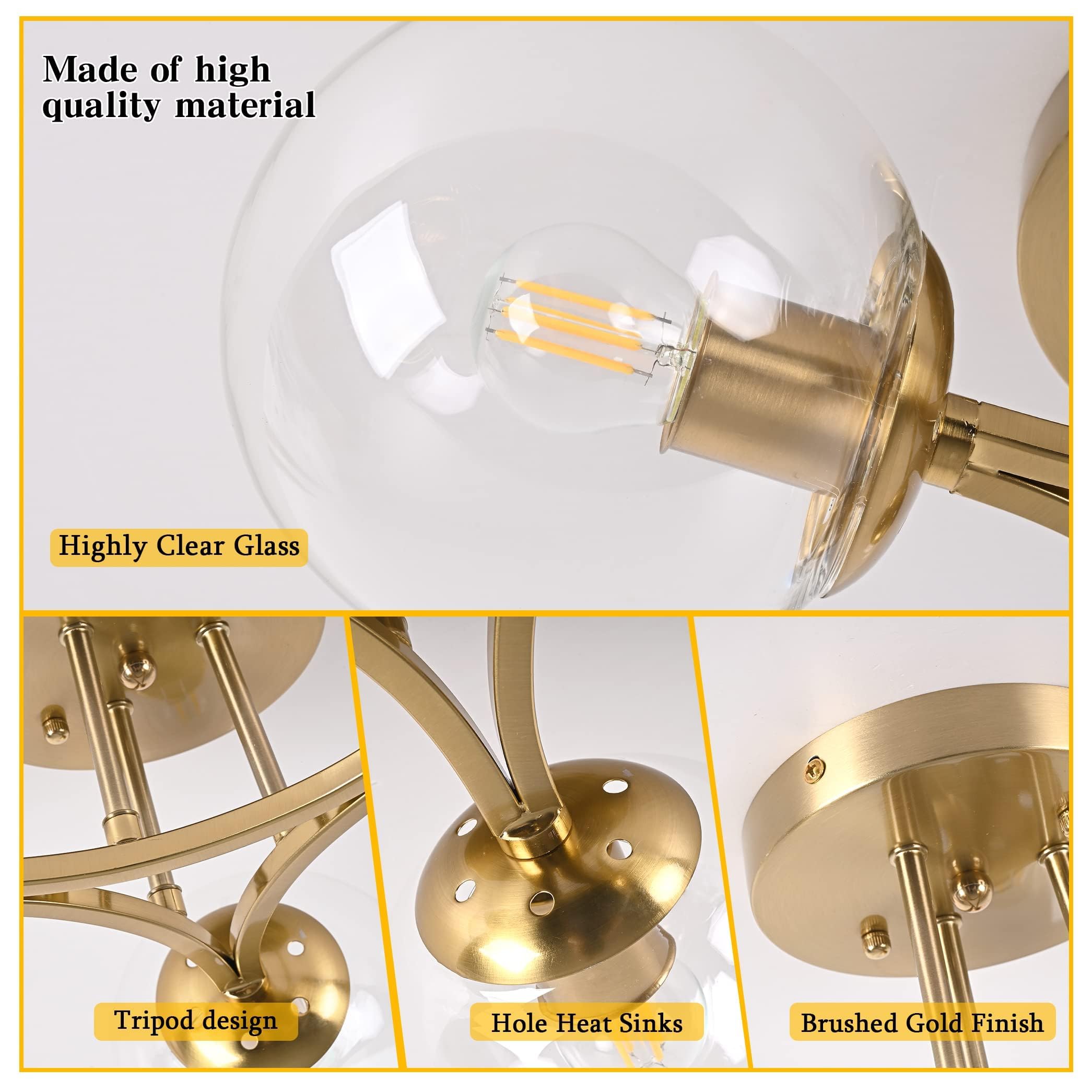 Mid Century Modern Ceiling Light Clear Globe Semi Flush Mount Ceiling Light Gold Sputnik Light Fixture Chandeliers Clear Glass Brushed Brass Chandeliers Living Room Dining Room Bedroom 3 Lights