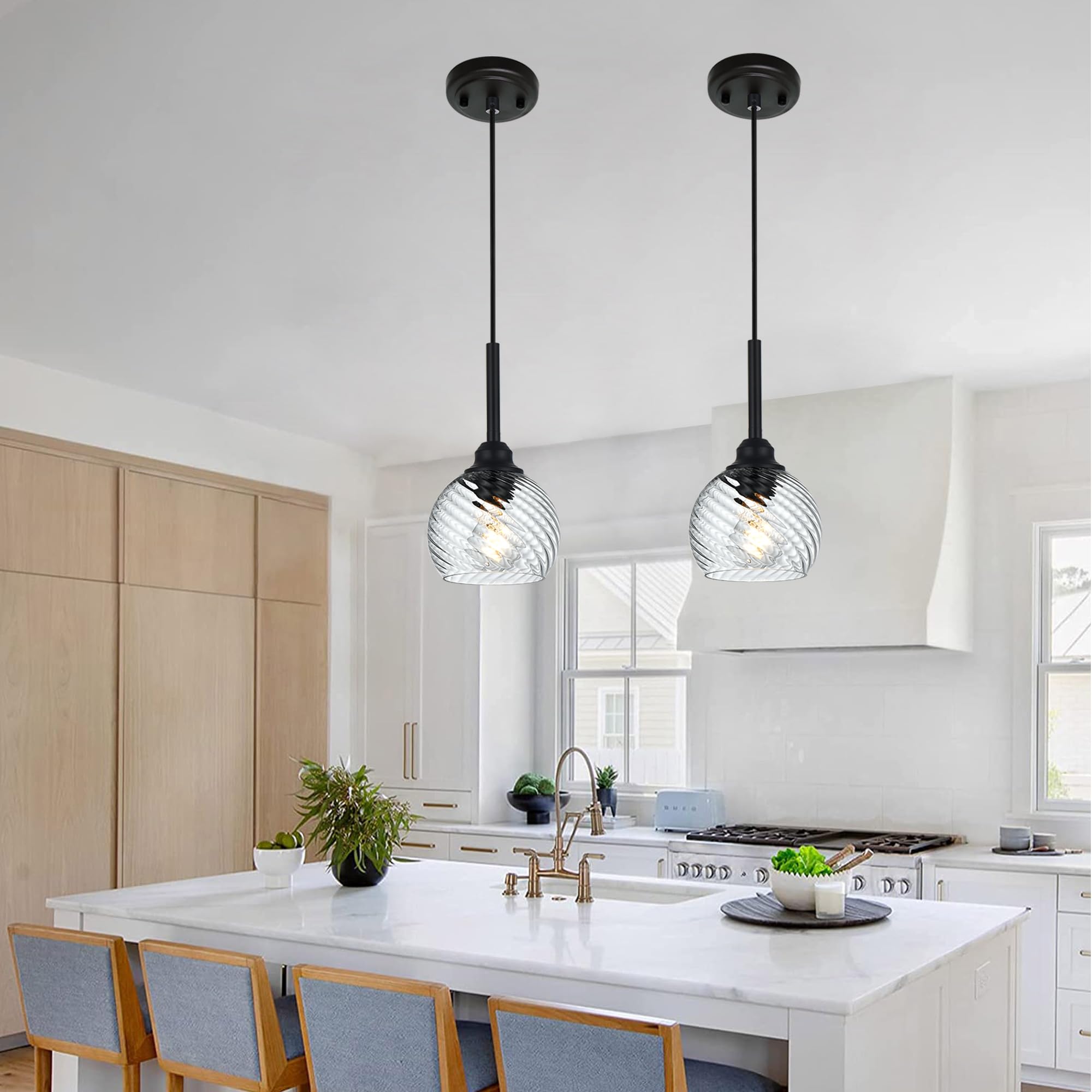 3 Light Island Lights for Kitchen with Striped Swirl Globe Glass, Black Linear Hanging Pendant Light Fixture Farmhouse Chandelier for Dining Room Bar Living Room